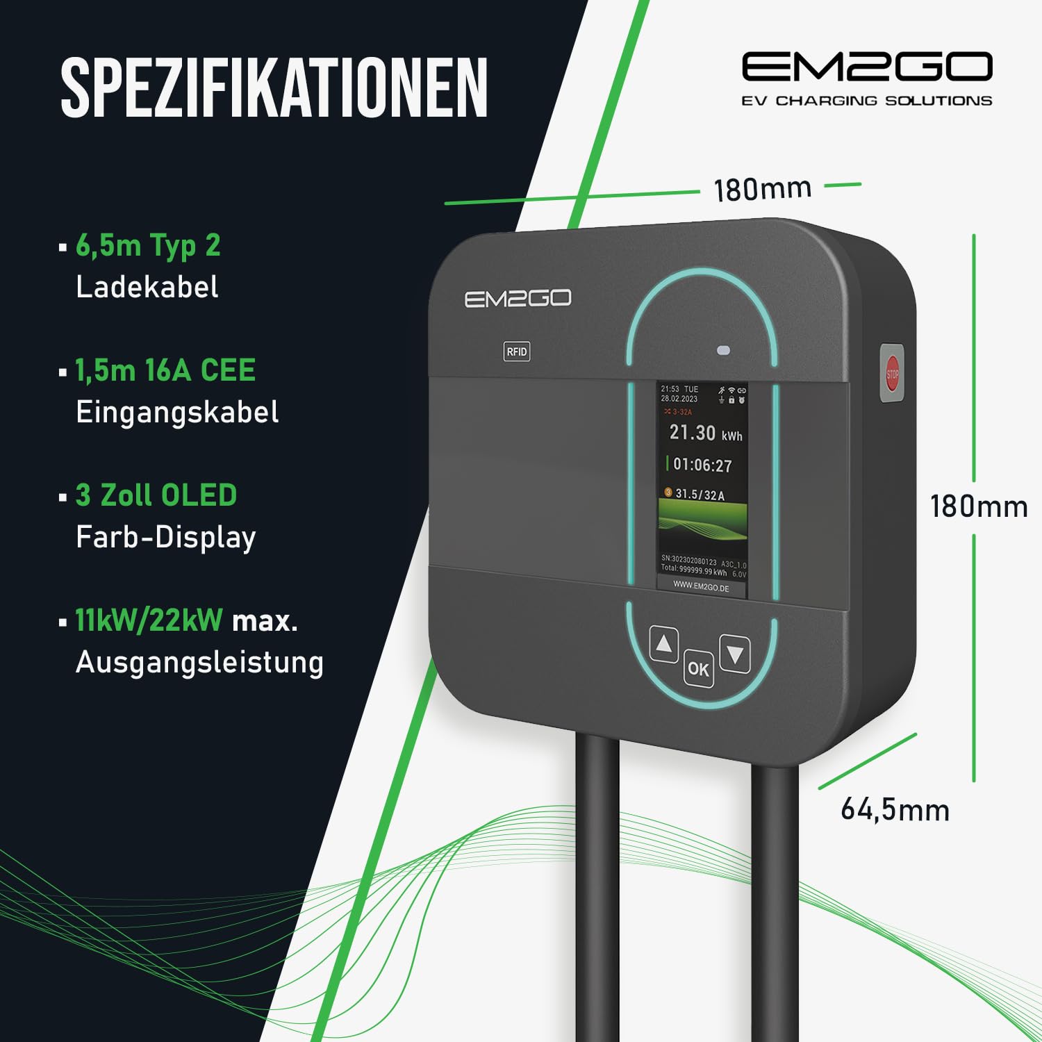 EM2GO Wallbox 11kW Home Power, E-Auto Ladestation mit 16A CEE Adapter, 6.5m E-Auto Ladekabel Wallbox mit App, Typ 2 Stecker Ladekabel Halterung