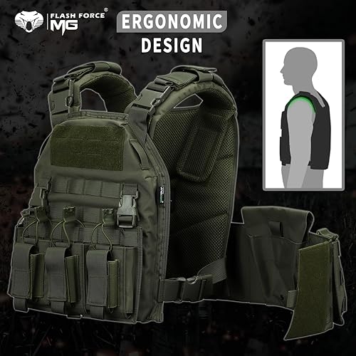 Miniatura 18 de MGFLASHFORCE Chaleco táctico Molle Airsoft chaleco para hombre Negro