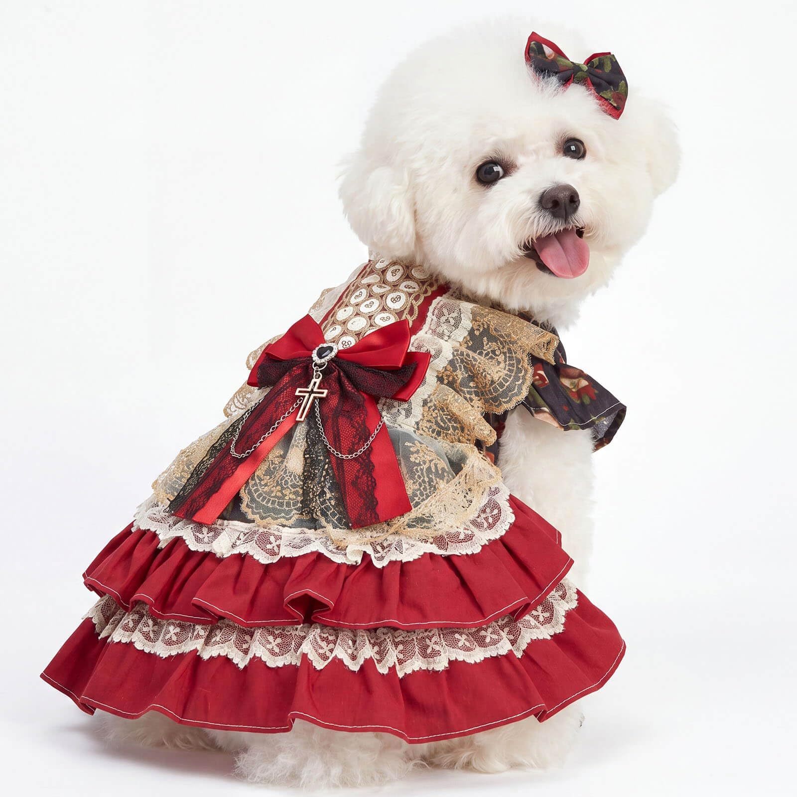 SipSylph Dog Dress, Vintage Gothic Princess Dog Dress, Multi-Layer Ruffle Skirt with Statement Bow & Pendant Detail, Girl Dog Clothes for Birthday, Wedding, Party, Photoshoot(S)