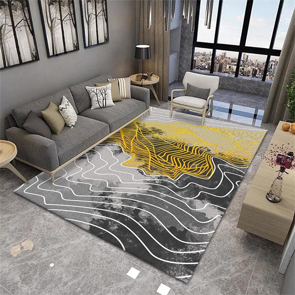 Tapis de salon aux rayures de soie dorées et grises contemporaines
