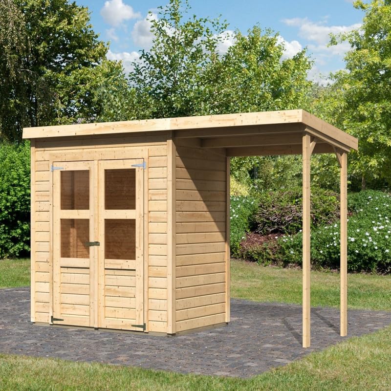Karibu Abri de Jardin Bois Épicéa 2,2m² Merseburg 2 + Appentis | Double Porte Semi-Vitrée, Toit Plat, Kit Fondation | Rangement Extérieur Naturel