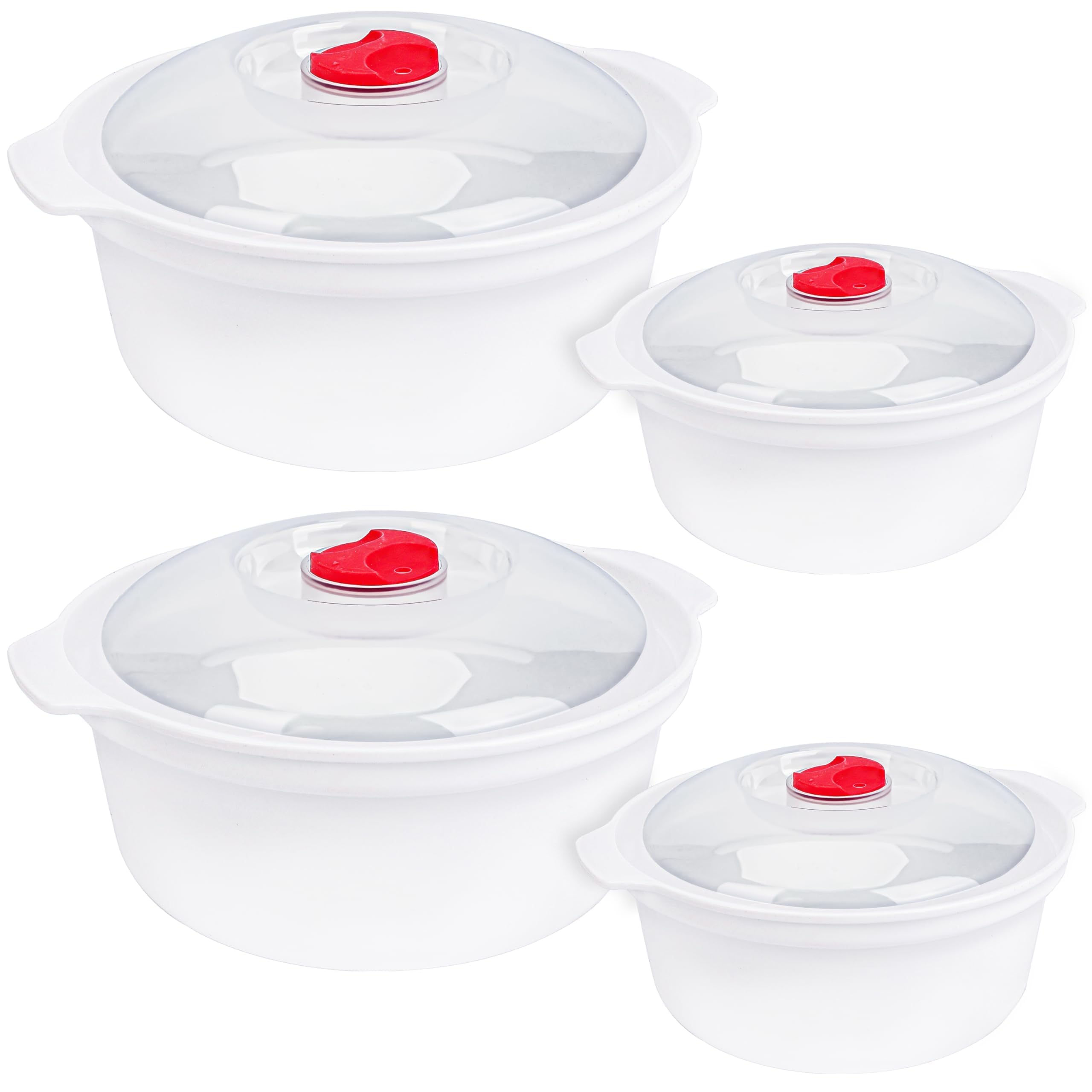 Belle Vous 4 Pack of Microwave Food Containers with Steam Vent Lids - 800-1300ml/27-44oz BPA-Free Round Cooking Pots - Food Cookware/Storage Bowls with Steam Control Valves - Freezer/Dishwasher Safe