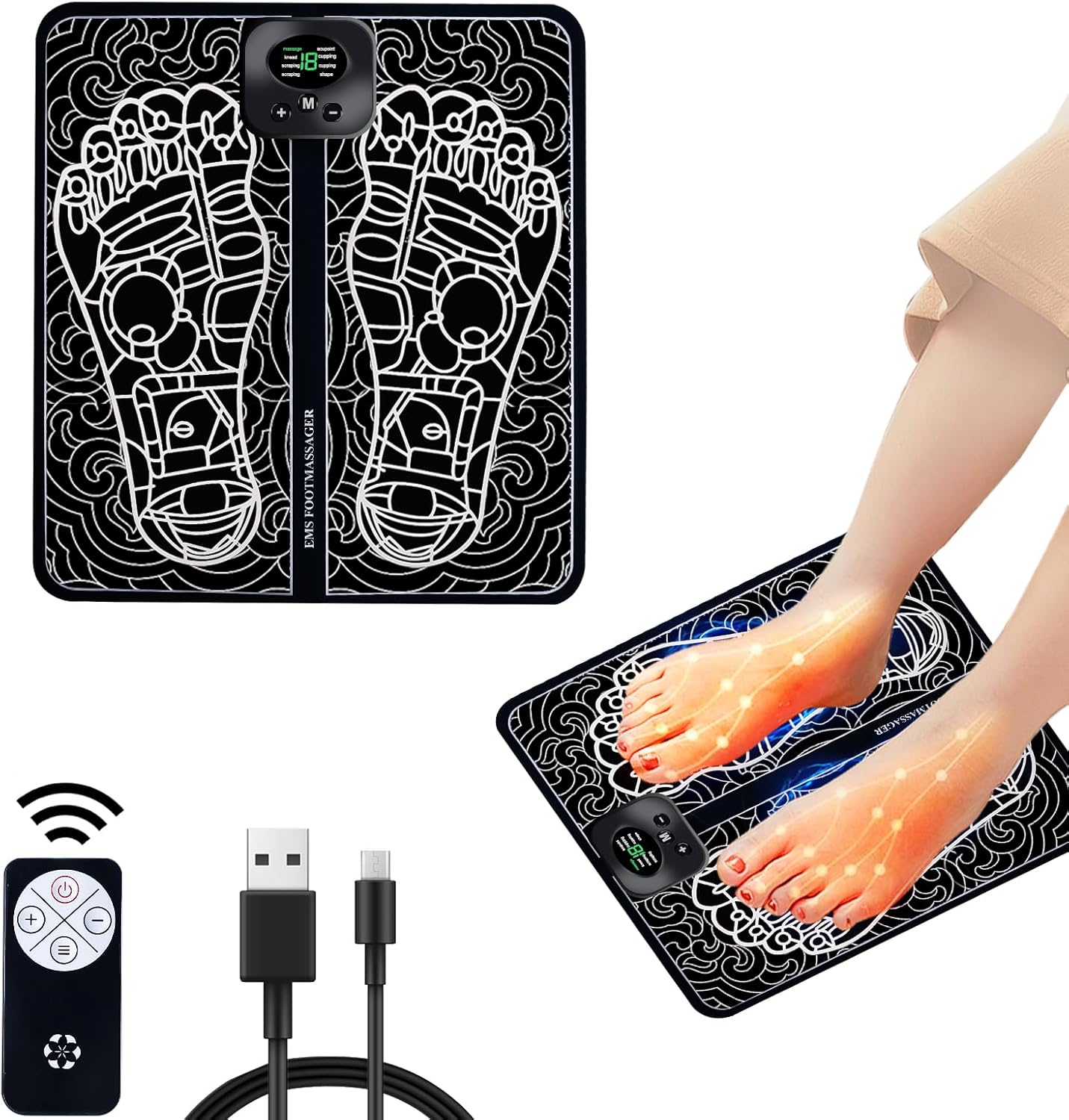 Tulov Foot Massager, Foldable EMS Foot Massager with 8 Modes & 19 Adjustable Frequencies, USB