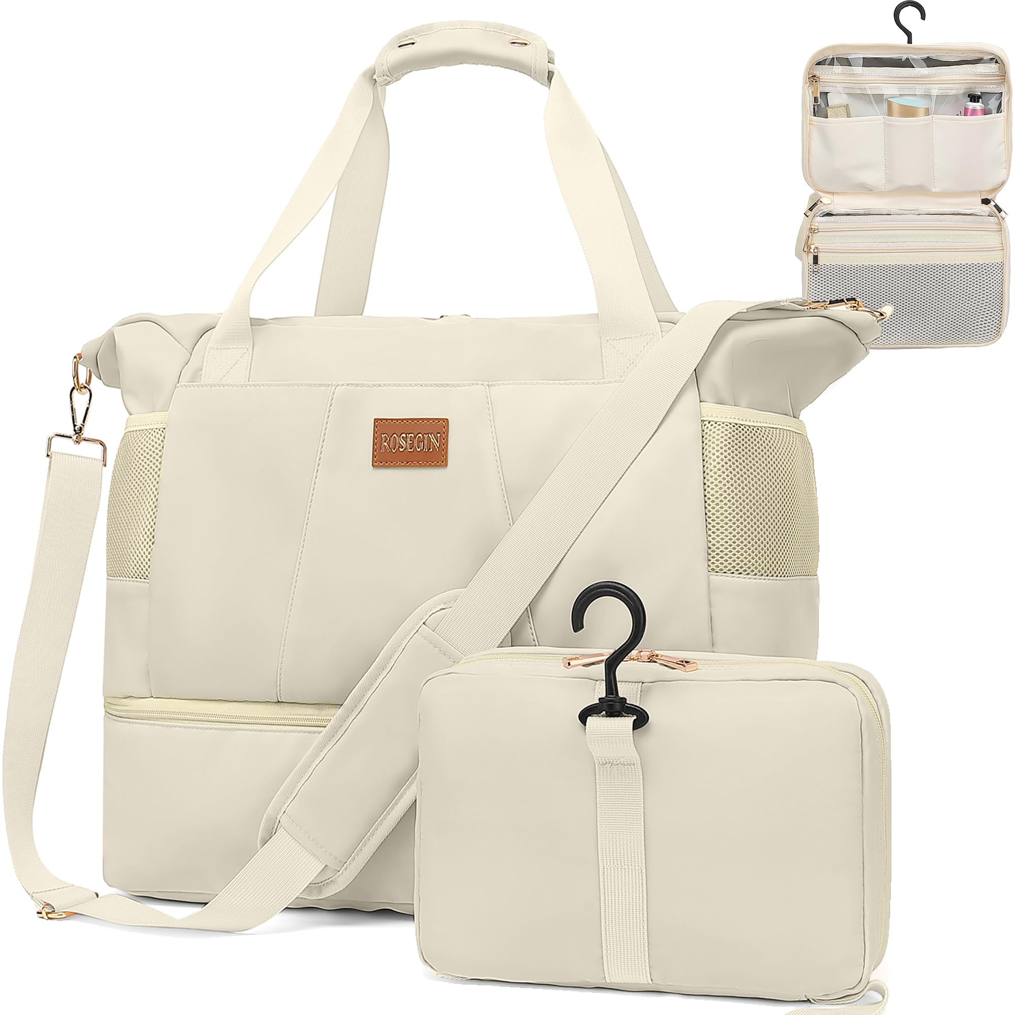 ROSEGIN Large Weekender Travel Bag for Women Men, Duffle Overnight Carry On Gym Bag with Shoe & Wet Compartments, Toiletry Bag, Luggage Sleeve, Airplane-Friendly Duffel Bag for Hospital Labor Delivery