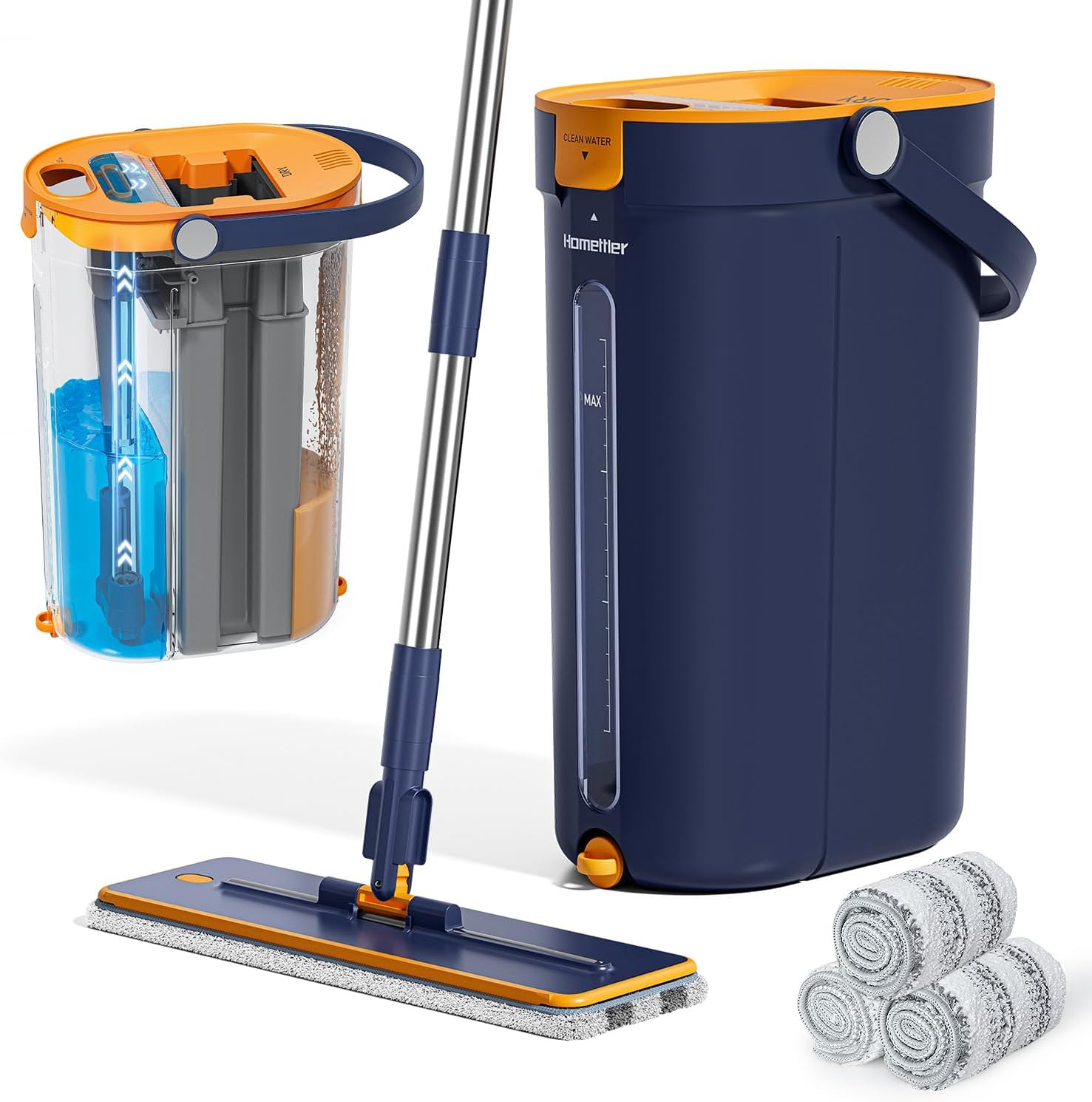 Mop and Bucket Set with Wringer, 3-Tank Flat Mop and Bucket System, Wall Mop Cleaner with Long Handle, Hands Free Mops for Floor Cleaning with 4 Microfiber Pads Flat Mop System with 4 Pads