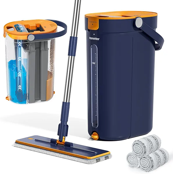 Mop and Bucket Set with Wringer, 3-Tank Flat Mop and Bucket System, Wall Mop Cleaner with Long Handle, Hands Free Mops for Floor Cleaning with 4 Microfiber Pads