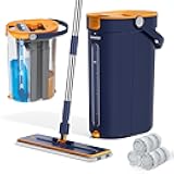 Mop and Bucket Set with Wringer, 3-Tank Flat Mop and Bucket System, Wall Mop Cleaner with Long Handle, Hands Free Mops for Floor Cleaning with 4 Microfiber Pads