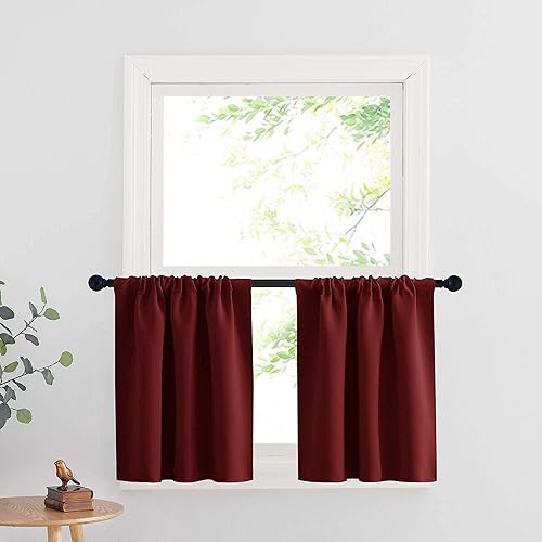 RYB HOME Short Curtains for Bathroom - Half Window Kitchen Curtains, Insulated Drapes Blackout Curtain Panels for Bedroom/Living Room, W 29 x L 24 inches Each Panel, Burgundy Red, 2 Panels
