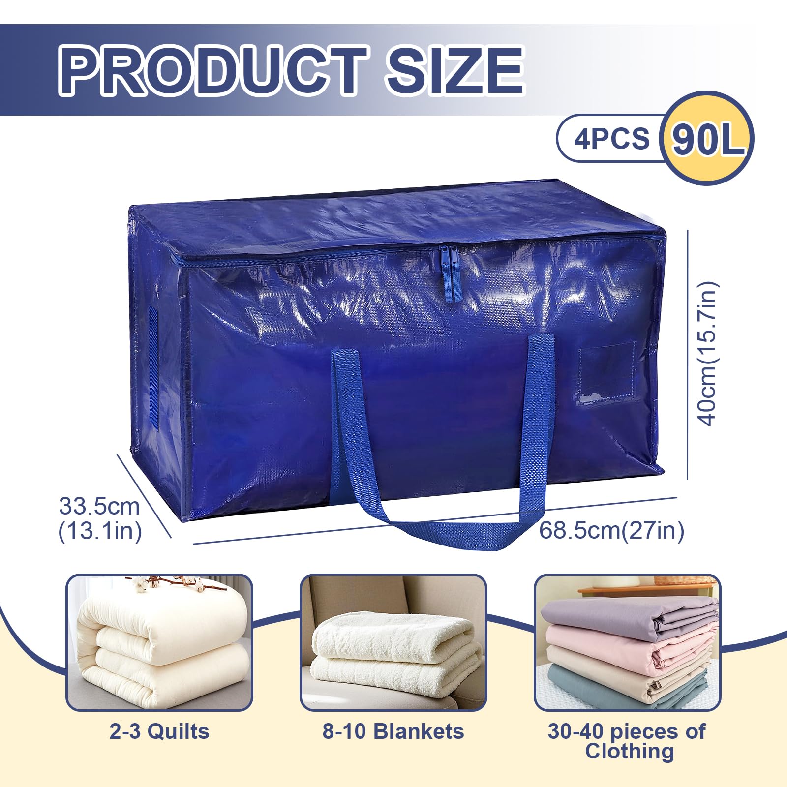 Set da 4 Borse Trasloco 90L Impermeabili con Cerniera e Maniglie Rinforzate, Borse di Stoccaggio Pieghevoli per Vestiti, Trapunte e Viaggi, Alternative a Scatole di Cartone (Blu, 4 Pezzi)