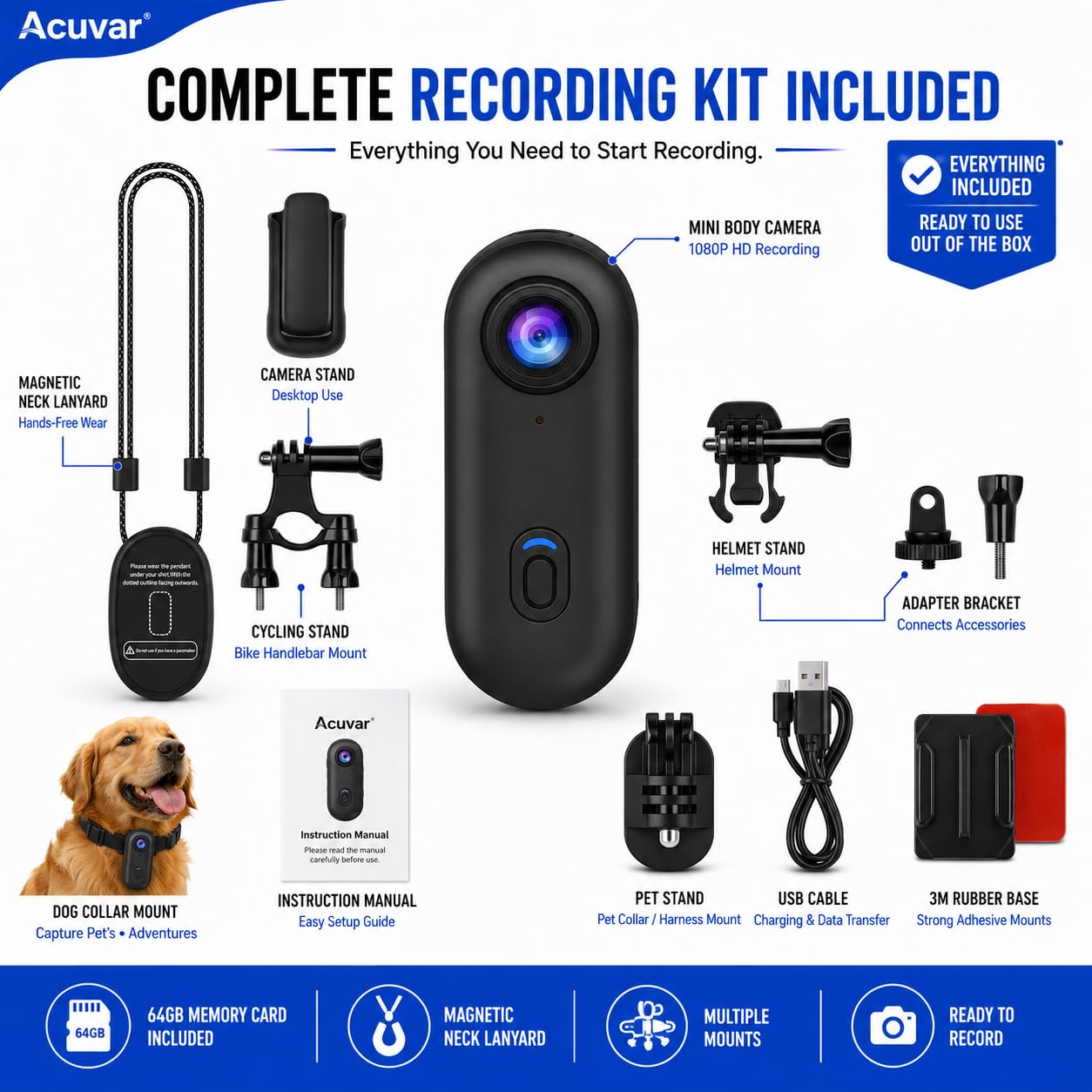 Mini videocamera da 64 GB FHD 1080P, action body cam indossabile, videocamera portatile di alta qualità con registrazione a mani libere, supporto per videocamera portatile di alta qualità ovunque per