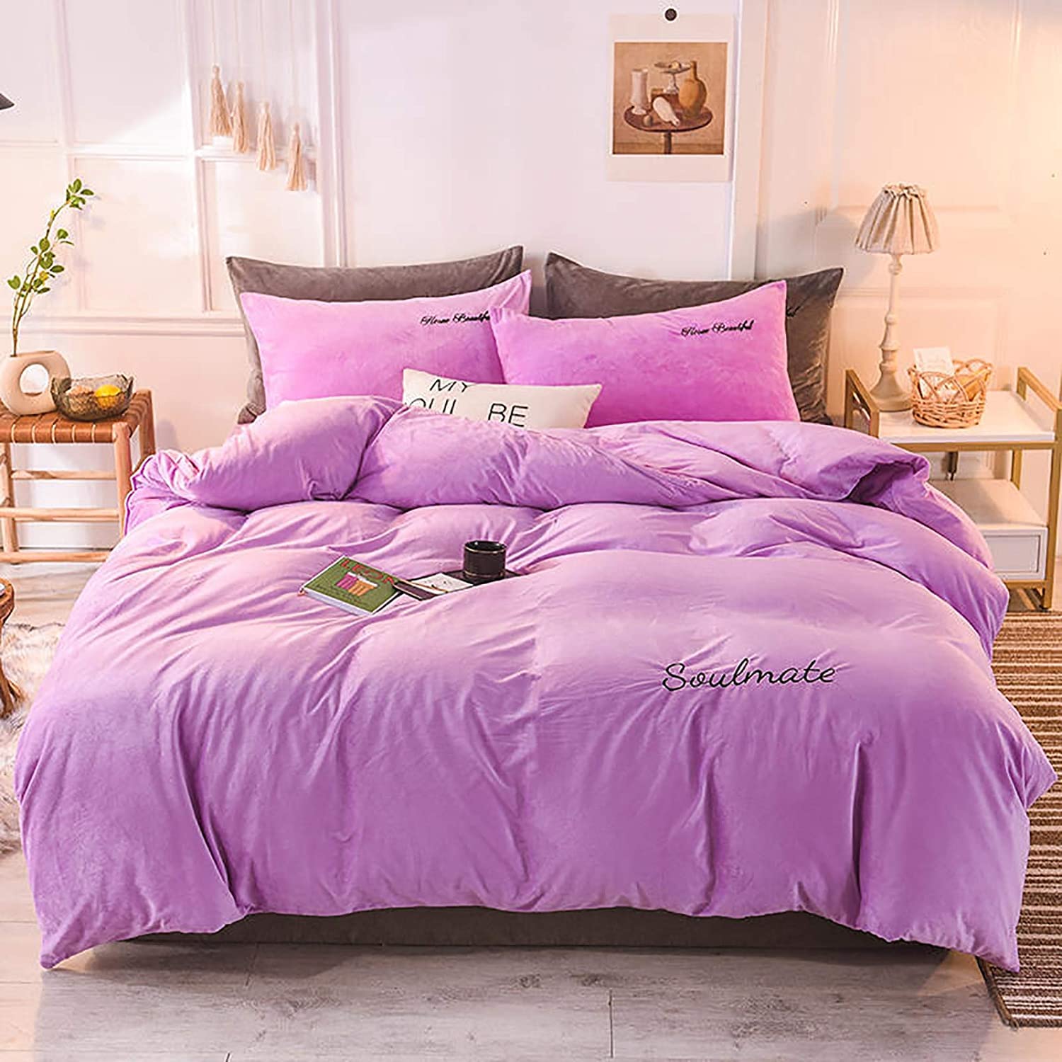 MGEMJMJ Solid Color Winter Warm Comforter Cover With Zipper Closure,Velvet Duvet Cover,Soft Reversible Flannel Quilt Cover(Size:220x240cm(87x94inch),Color:C)
