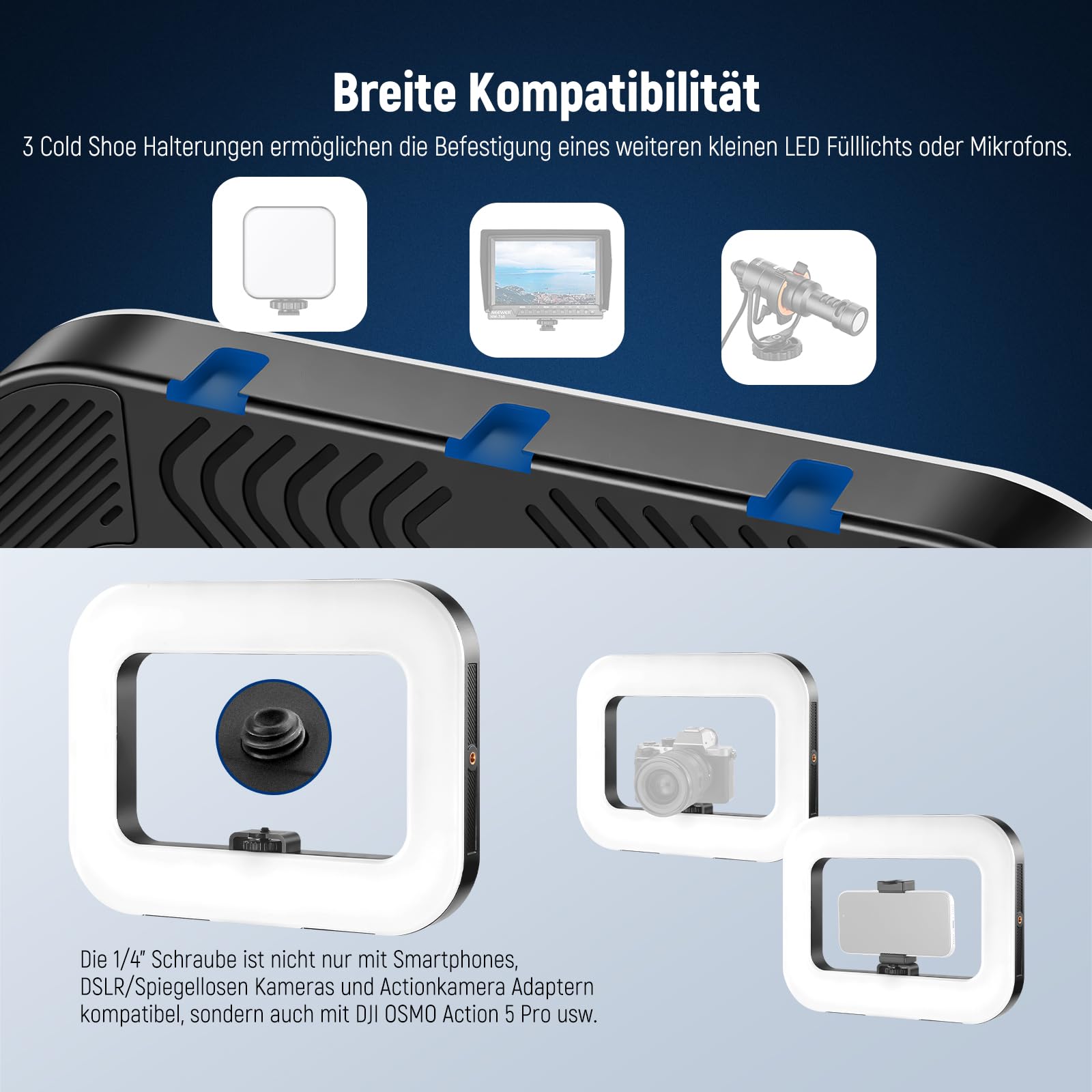 NEEWER Entry Level Version Handy Video Rig mit Selfie Licht, Handstabilisator mit 20W zweifarbigem LED Ringlicht, 3 Blitzschuhen/5200mAh Akku/CRI80+ für Selfie Streaming und Vlog, NL200B