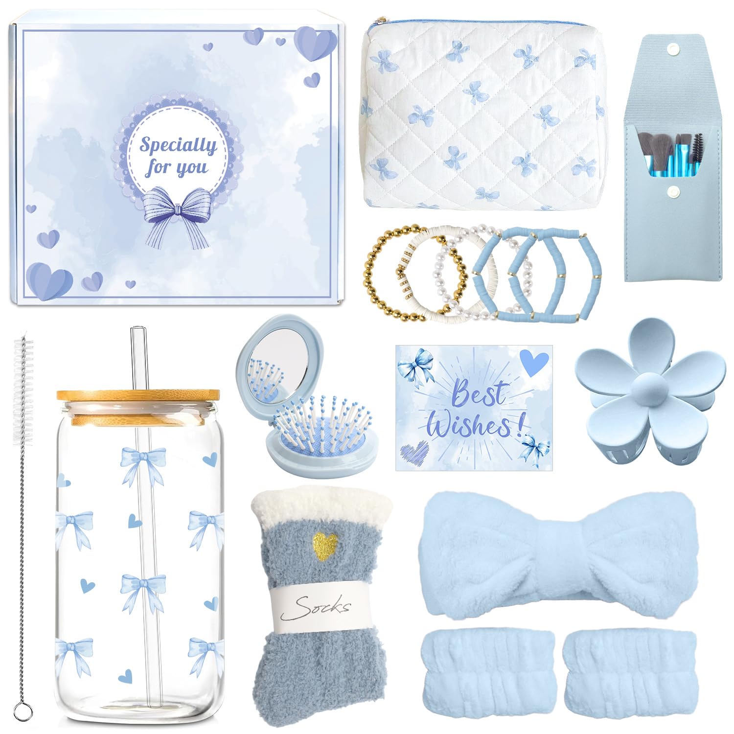 Regali per Ragazze Adolescenti di 9 10 11 12 13 14 15 Anni, Regali di Compleanno e di Natale, con Tazza di Vetro con Coperchio e Cannuccia, Fascia per Capelli, Fermagli per Capelli (Blu)