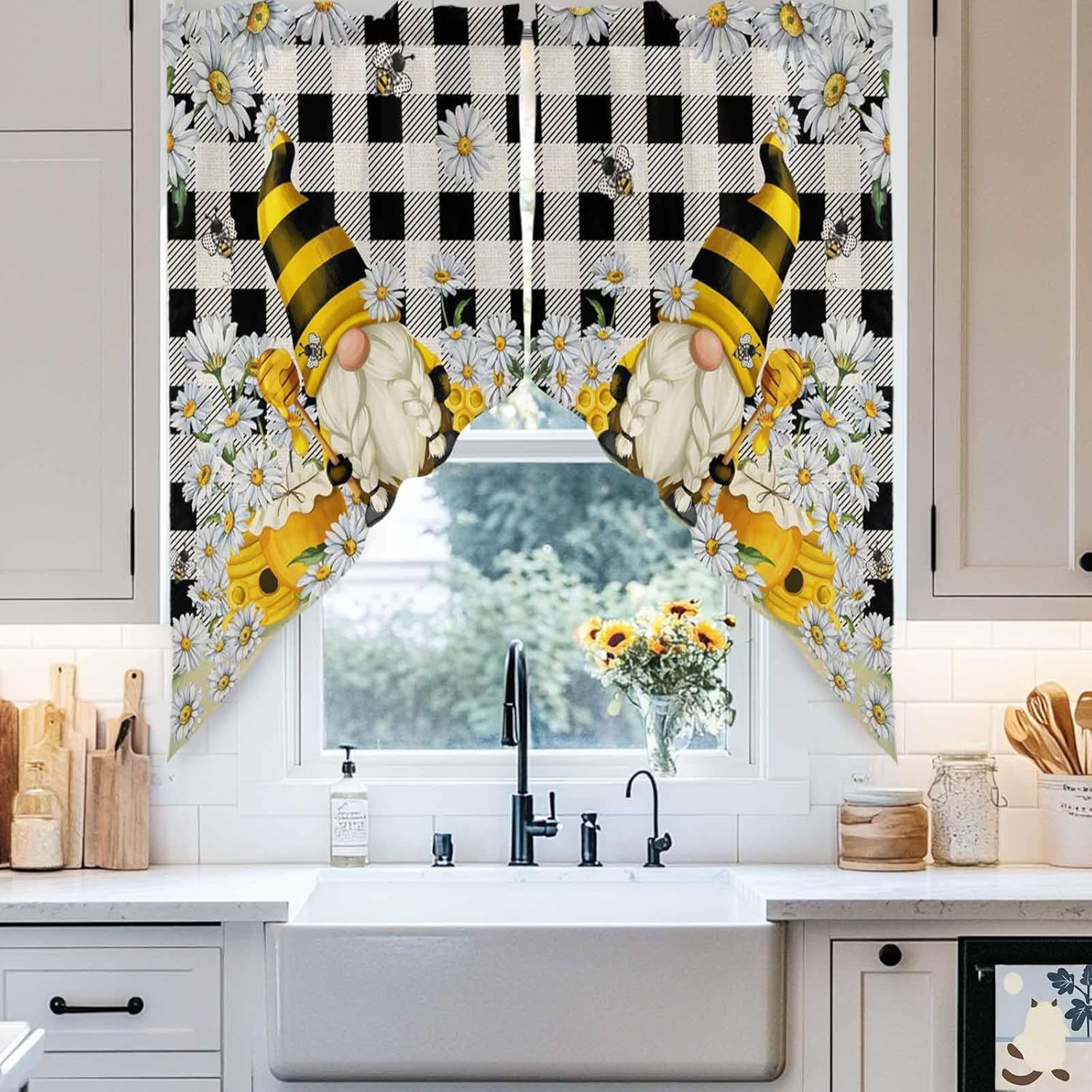 Spring Bee Gnome Swag Valance, Honey Bee Gnome Daisy Rod Pocket Kitchen Valance, Buffalo Check Plaid Scalloped Swag Curtains for Living Room Bathroom Window, 1 Pair, 28" W x 36" L