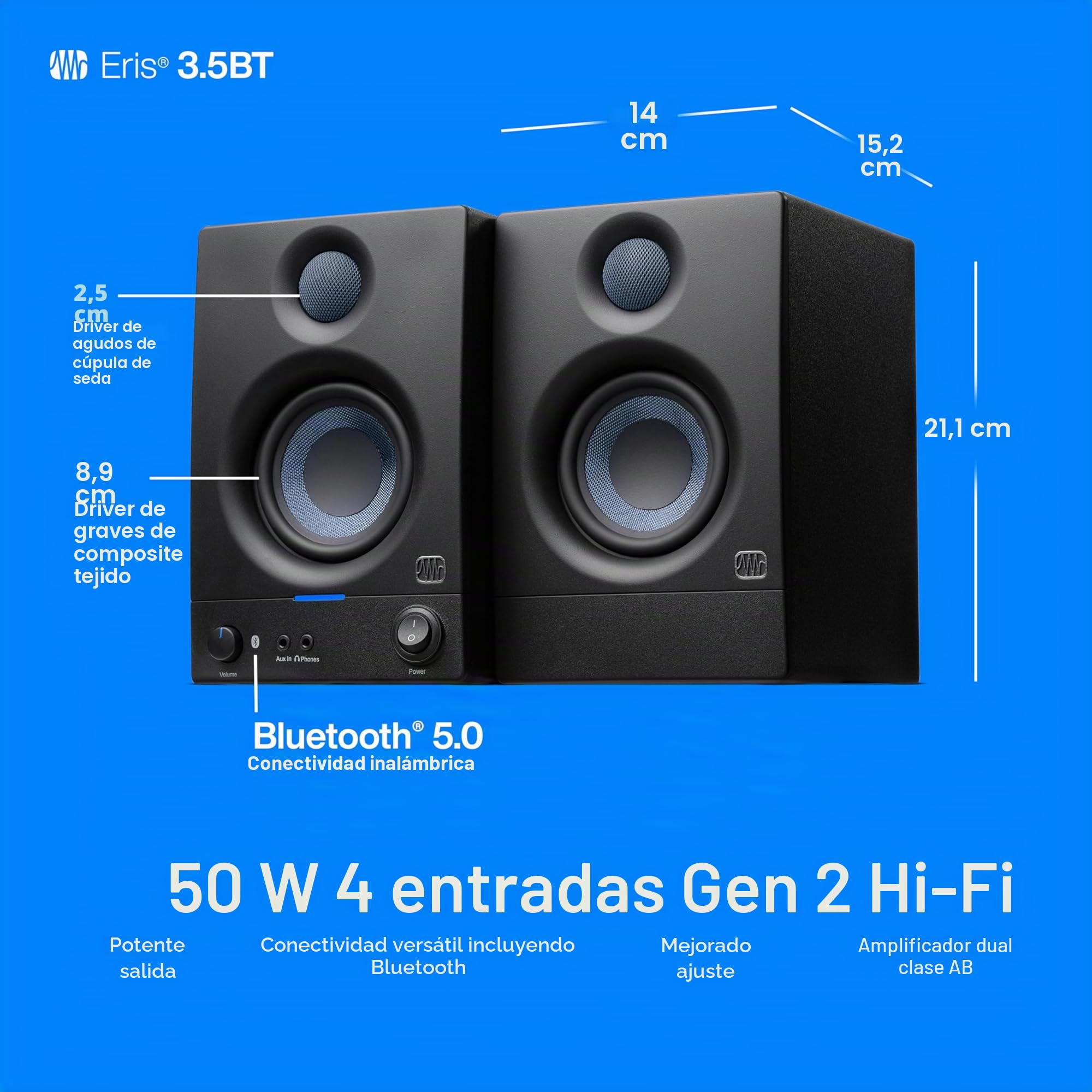 PreSonus Eris 3.5BT (2ª generación) - Monitores de Estudio de Campo cercano de 3.5" con Bluetooth | Woofer compuesto tejido, tweeter de cúpula de seda, color negro