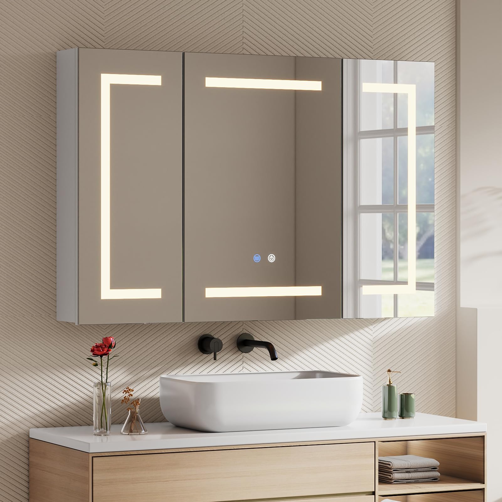 Warmiehomy Bathroom Mirror Cabinet with LED Lights,90x60cm 3-color Dimmable Illuminated Bathroom Mirror Cabinets with Shaver Socker Defogger Touch Switch Three Door,White Frame