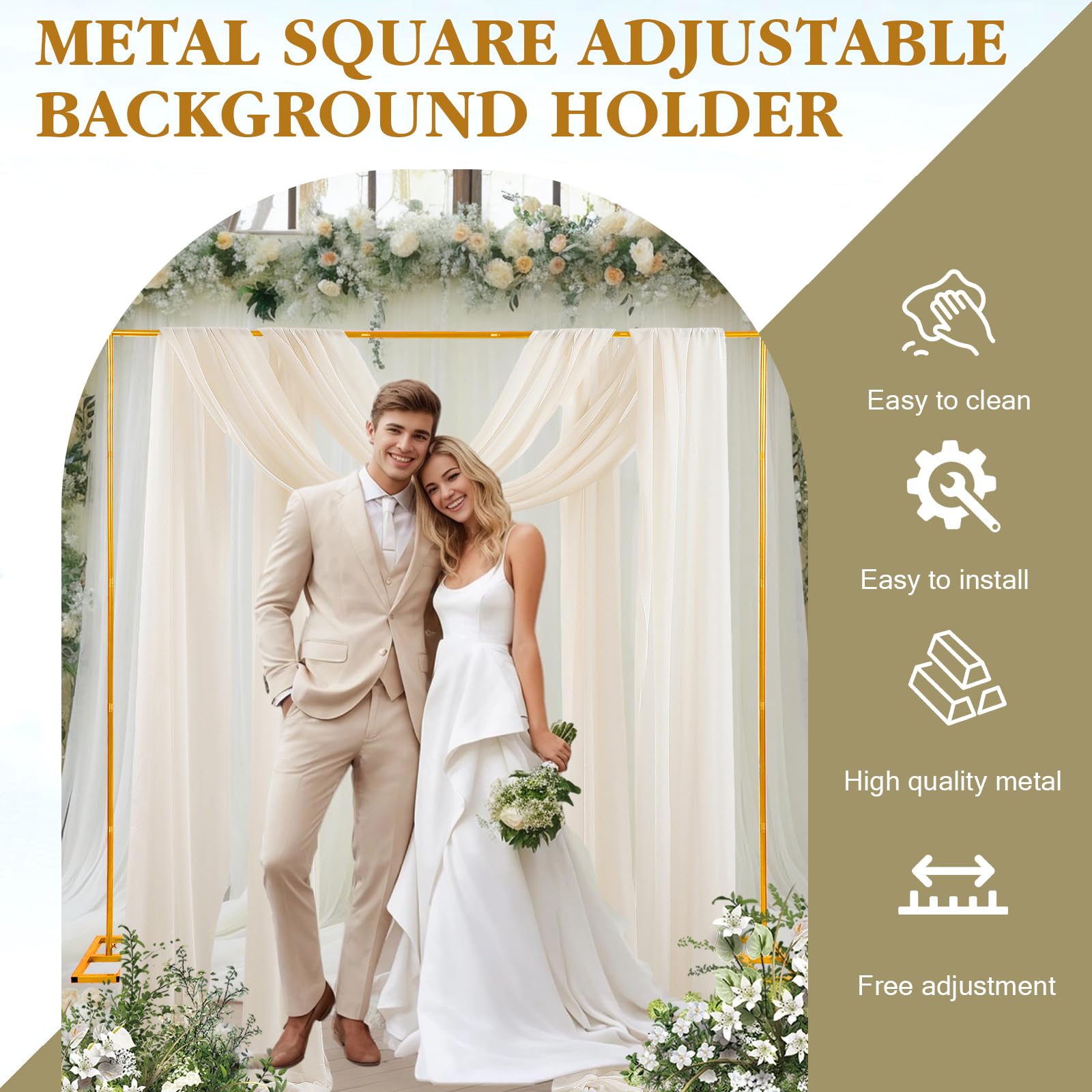 Arco de metal para boda, 2,5 x 2,5 m, ajustable, arco de fondo con base, jardín dorado para aniversario, cumpleaños, fiesta, fondo (6,6 x 6,6 ft)