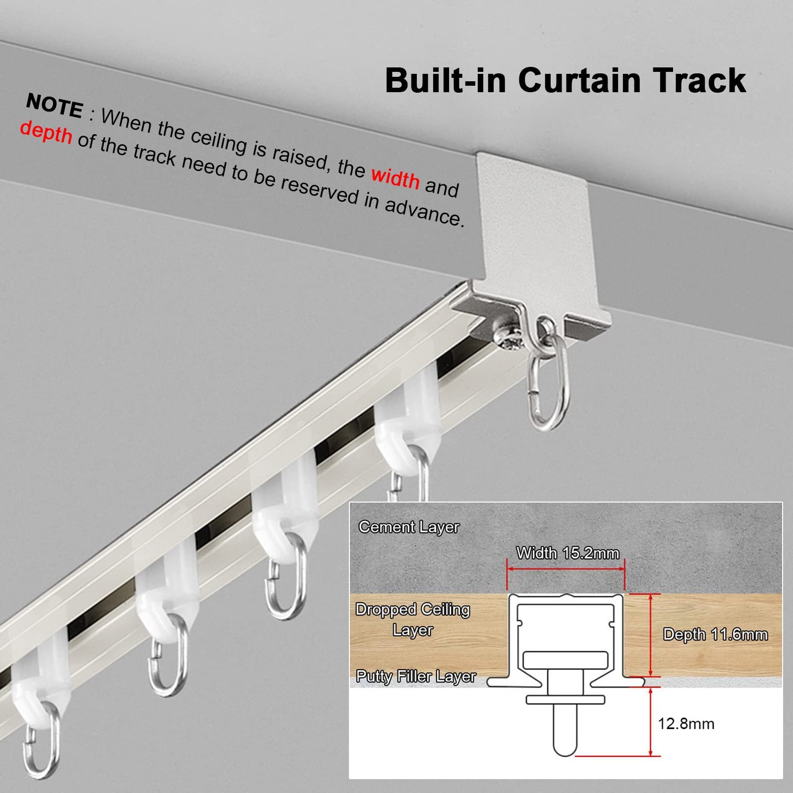 Rail de Rideau dissimulé en Aluminium Blanc pour cloison de séparation encastrée au Plafond, Rail Coulissant en métal Commercial, Barre de séparation encastrée en Alliage d'alumini