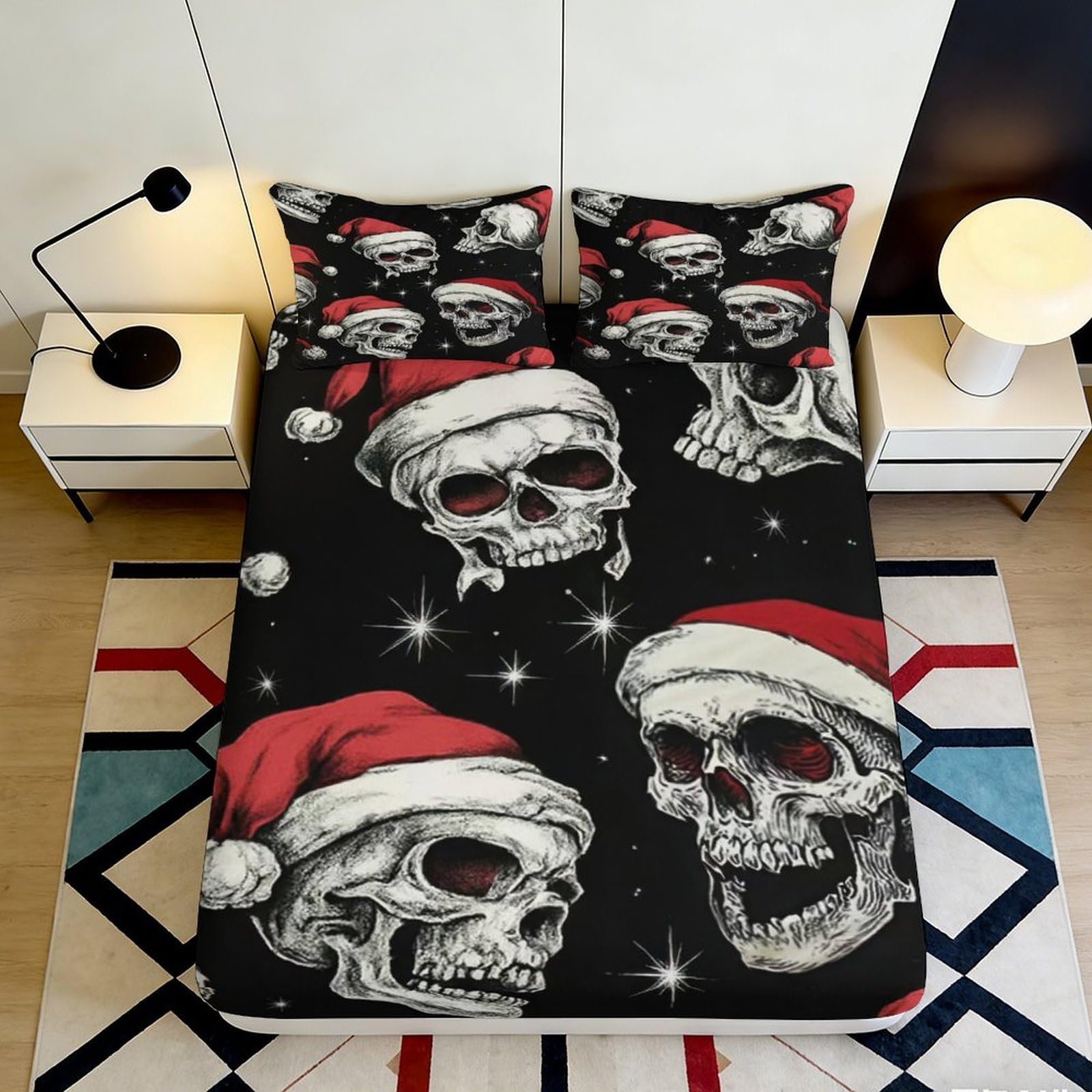 3D Printed Skull Christmas Fitted Sheet Microfiber Soft Black Santa Hat Mattress Cover Bedroom Dorm Protector 200x200x25cm
