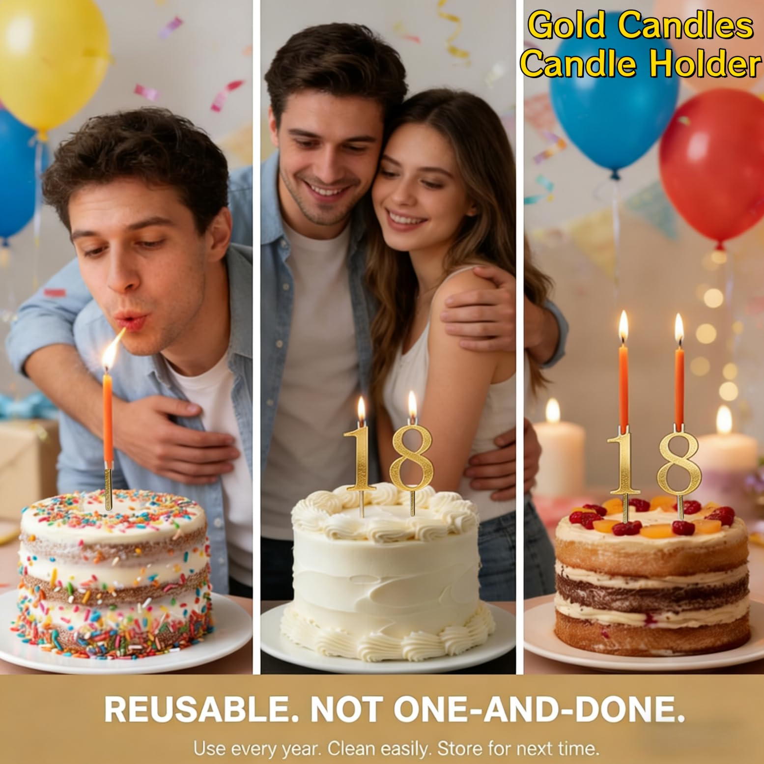 Ensemble de bougeoirs réutilisables en forme de chiffre de 0 à 9 en acier inoxydable argenté, support réglable et stable, accessoires de pâtisserie pour événements familiaux, fêtes à la maison (doré)