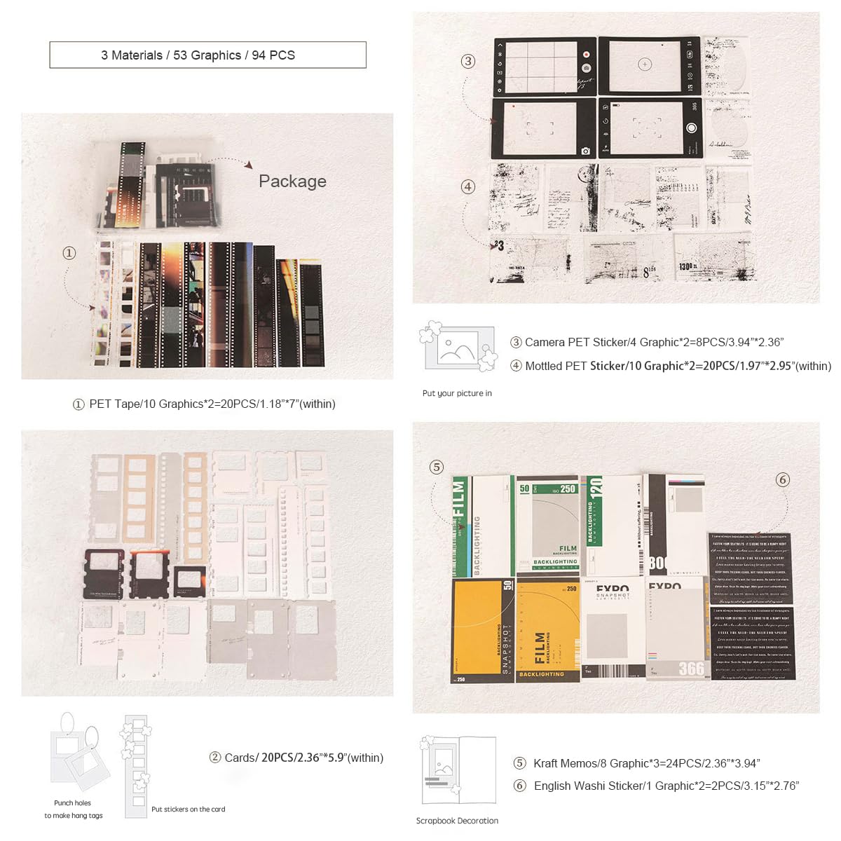 Doraking 94PCS Film Scrapbook Paper Packs for Journaling Supplies, Washi Stickers Material Papers Memos Cards Waterproof Tape Stickers for Journals Planners Aesthetic DIY Art Crafts Collage Album