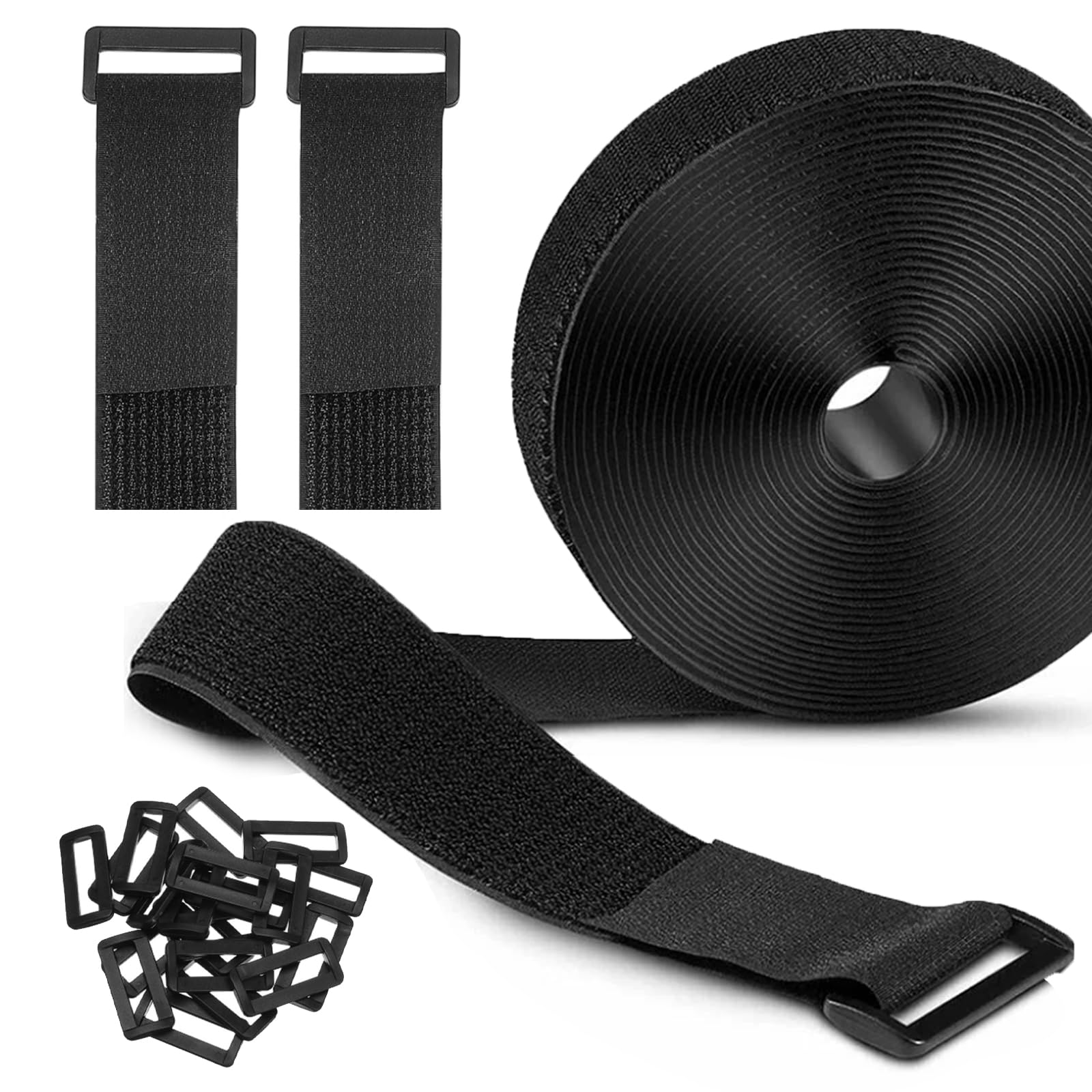 Heavy Duty Cinch Straps 3.8cm x 5m with 25 Buckles, Cut-to-Length Hook and Loop Strips, Adjustable Nylon Cable Ties for Home, Office, and Garden Storage, Black