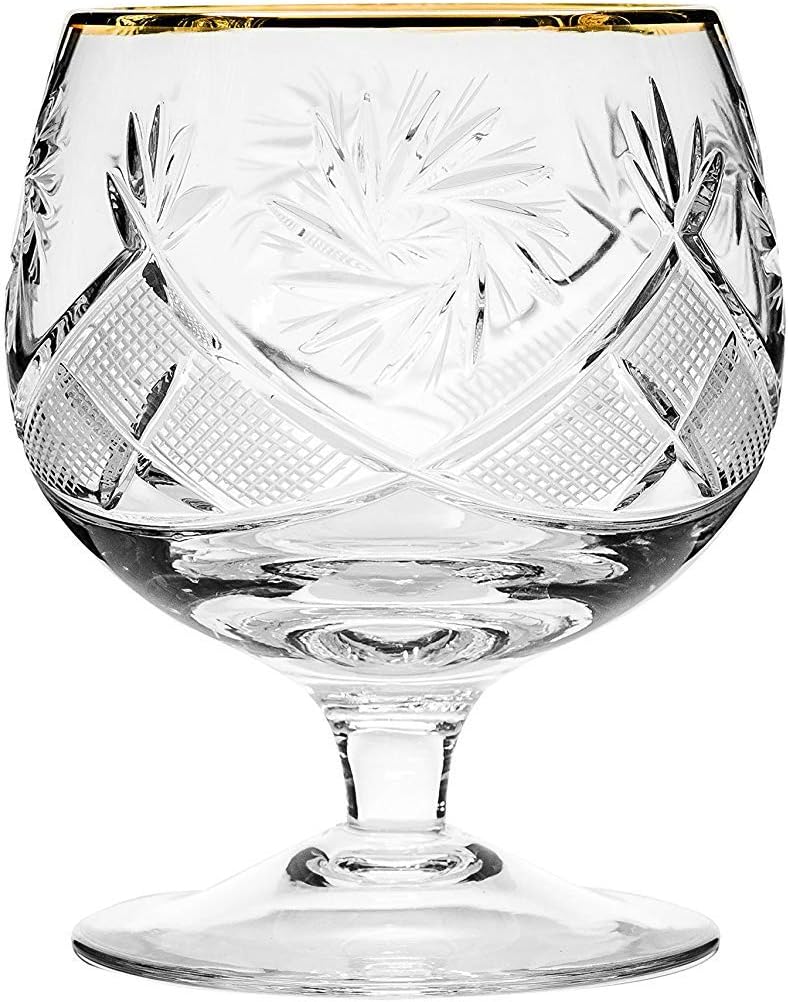 WORLD GIFTS Set of 6 Russian Cut Crystal Stemmed Brandy Snifters (10 Oz) for Cognac Scotch Whiskey - 24K Gold Rimmed Goblet, Old-fashioned Hand Made Glassware
