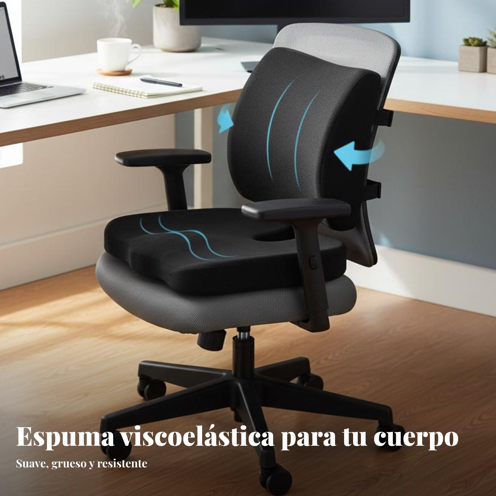 F Fityle Cojín Ergonómico Asiento con Cojín Lumbar Cojín Almohada Lumbar Cojín Asiento Espuma Viscoelástica Moldeable Tejido de Malla Apto para Trabajo de, Negro, Set Malla