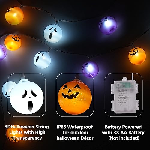 Miniatura 2 de Luces de Halloween para exteriores, 21 luces LED de Halloween, fantasma, murciélago, calabaza, decoraciones de Halloween, funciona con pilas, luces