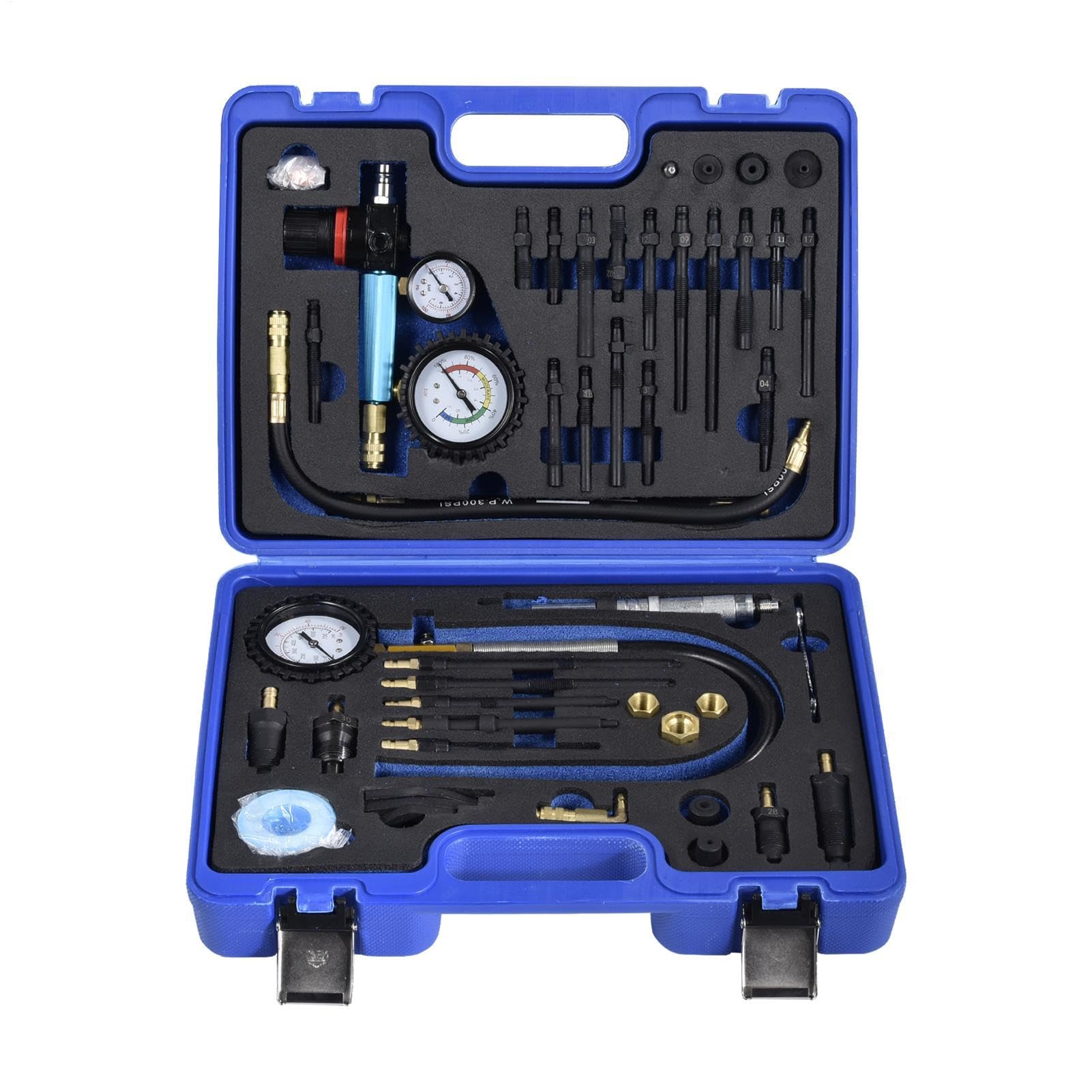 Juego De Comprobador De Compresión De Motor Comprobador De Compresión Para | Juego de 46 Piezas con Manómetro Doble, Probador de Bujías y Estuche para Motor
