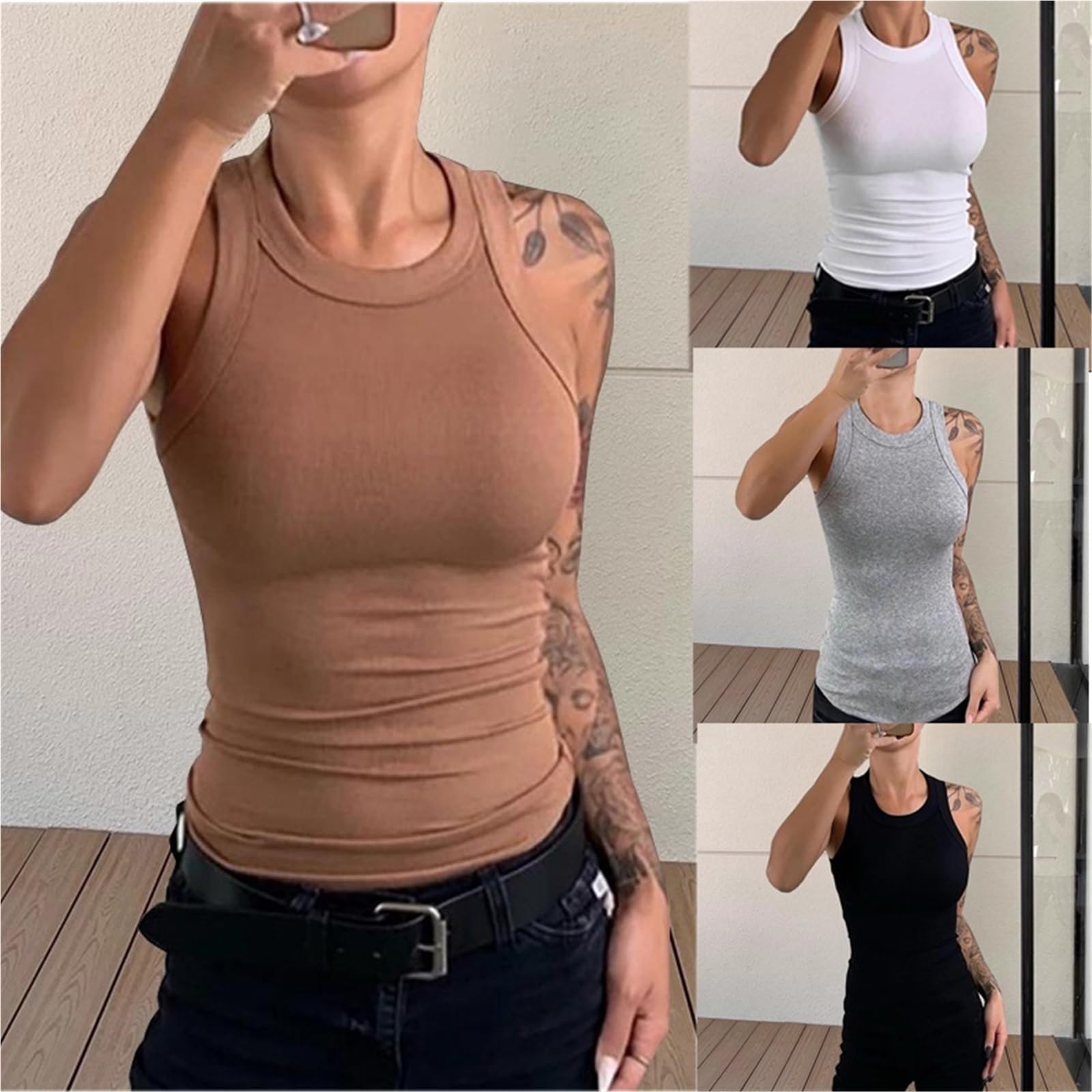 2 pièces Femmes Solide O Cou côtelé débardeur été Chemises Camisole Chic sans Manches Maillot de Corps Hauts Pullover pour Les Voyages Et Le Camping