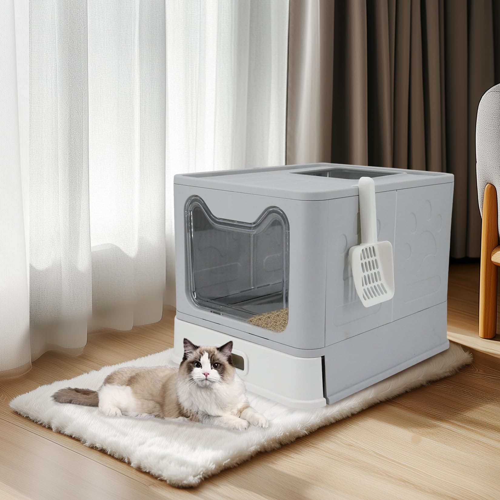 BingoPaw Lettiera Gatto Chiusa Acciaio Inox Cassetto Facile da Pulire | Per Peso Inferiore a 5 kg, Staccabile, Antiodore, con Paletta