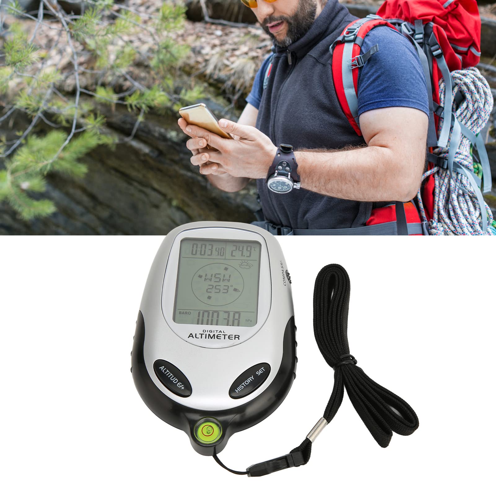 Manténgase Preparado para la Vida Al Aire Libre con el Dial Electrónico Impermeable Multifuncional con Altímetro LCD, Brújula, Barómetro, Pronóstico del Tiempo, Reloj, Calendario y Retroiluminación