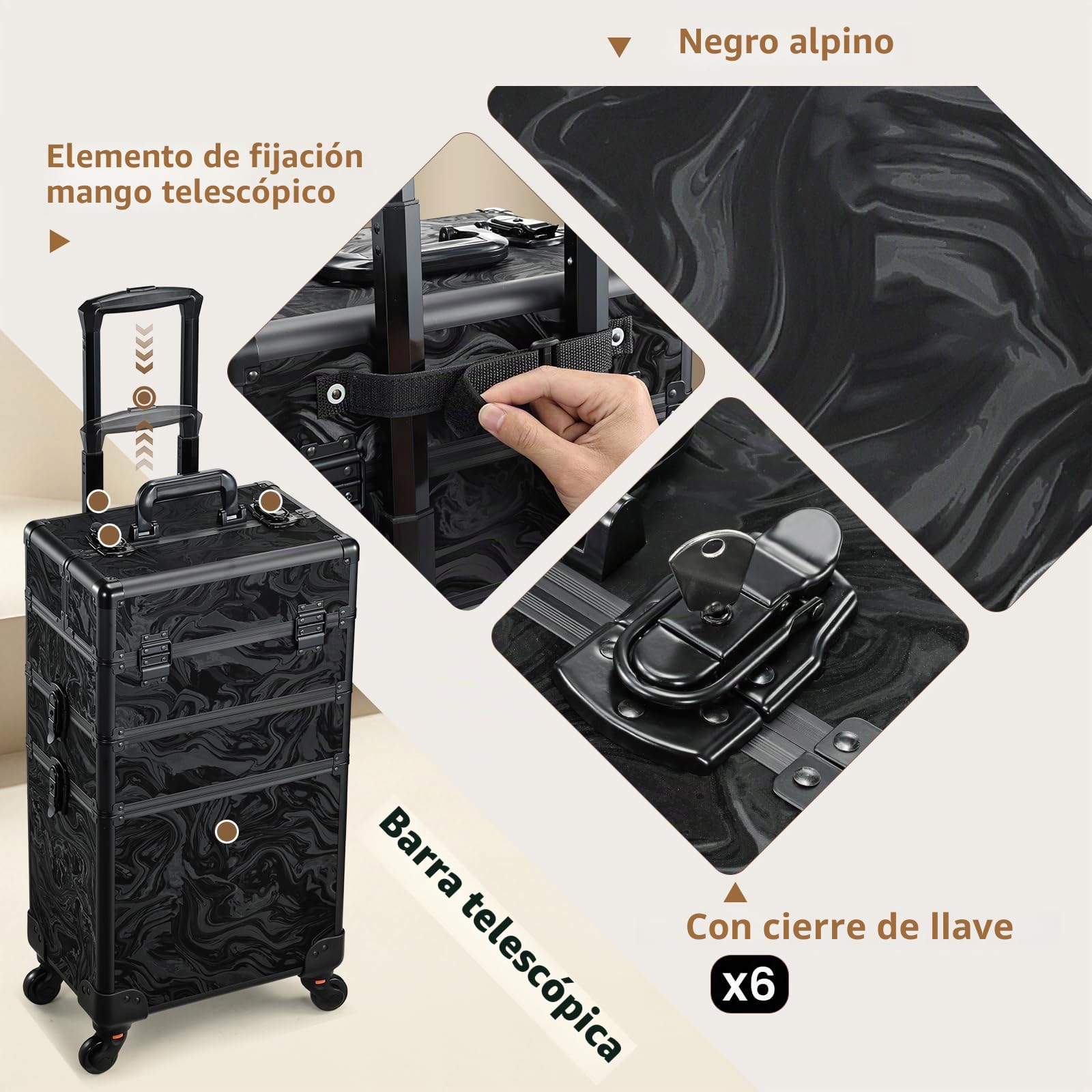 Maleta Maquillaje Profesional 3 en 1 Maletin Maquillaje con Ruedas Organizador de Maquillaje Maleta de peluquería Grande Maletín de uñas Multifuncional Caja Maquillaje Profesional, Alpes Negro