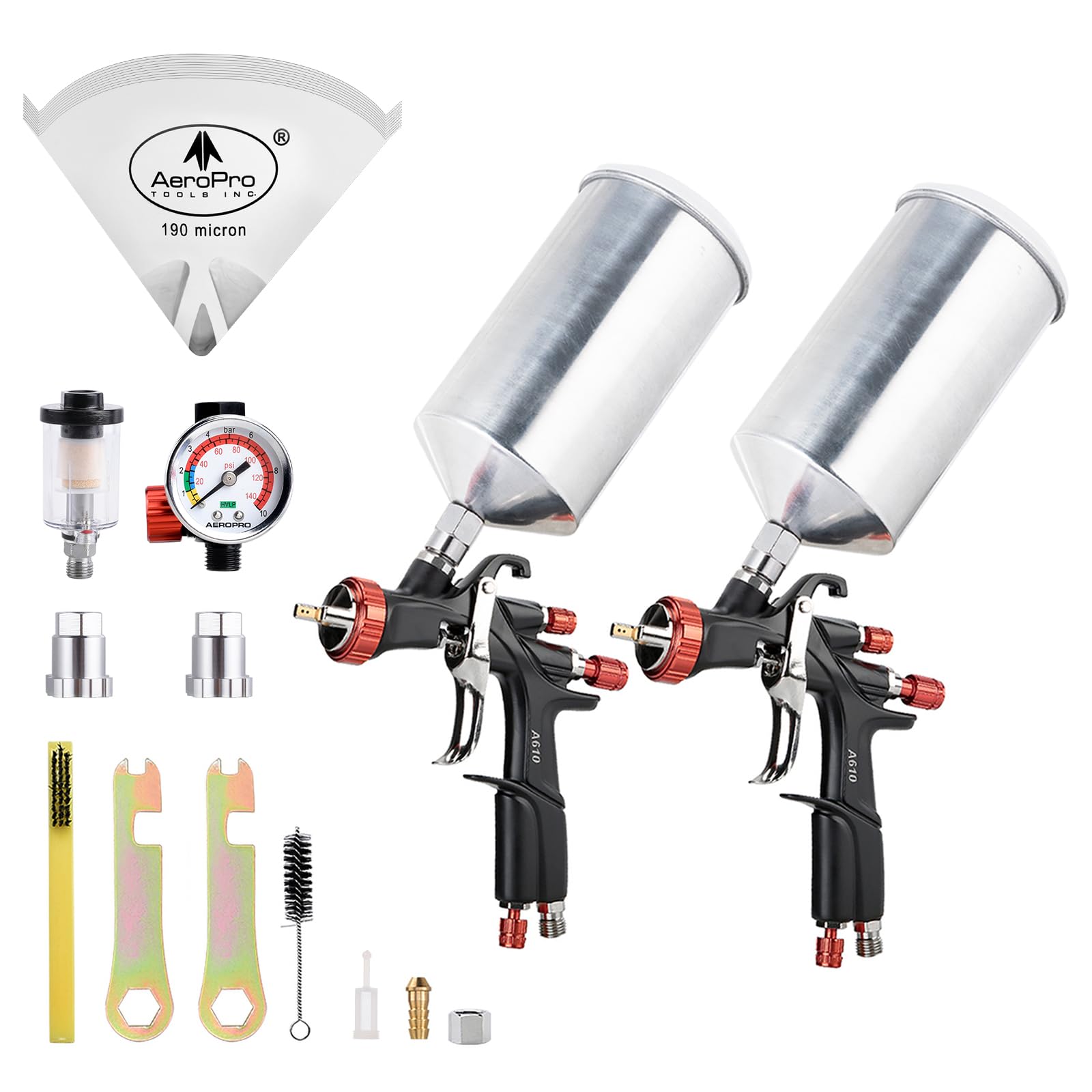 AEROPRO Tools R500 LVLP Double Air Spray Gun Kit with 1000cc Aluminum Cup, A610 Paint Guns Automotive, Car Paint Gun Sprayer, Paint Gun for House Painting, Car, Furniture, Varnish and Top Coat