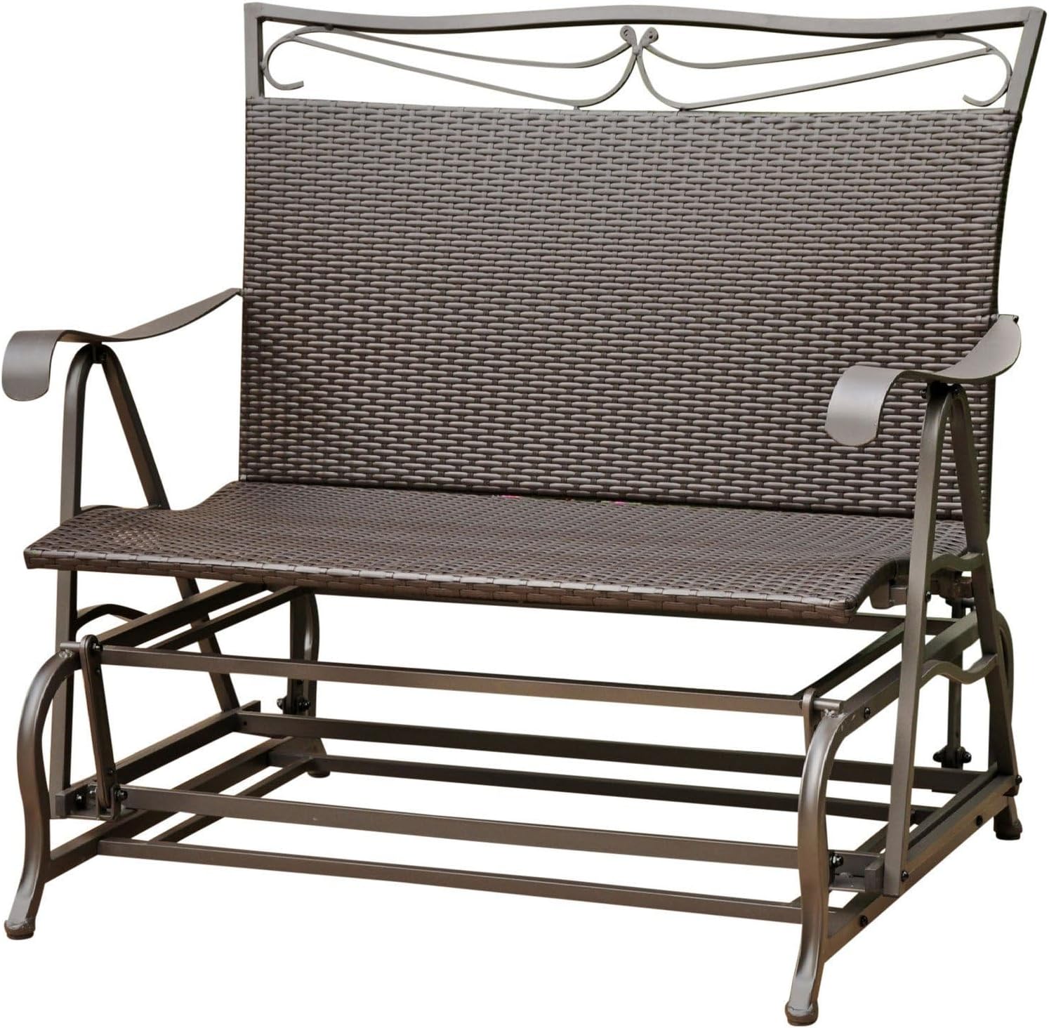 Pemberly Row Patio Glider Loveseat, Powder Coated Wicker Resin and Steel, Chocolate Finish, Weather Resistant, Smooth Gliding Mechanism, Deep Seat High Back, 42" H x 39" W x 34" D Sunroom Furniture