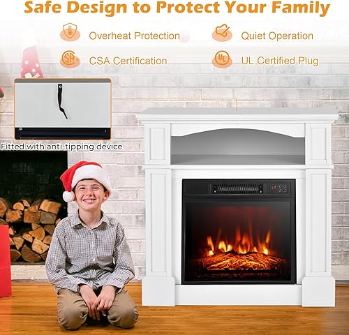 Miniatura 6 de LDAILY Chimenea eléctrica de 32 pulgadas con repisa, envolvente de madera independiente con inserto de chimenea de 1400 W, llama realista 3D,