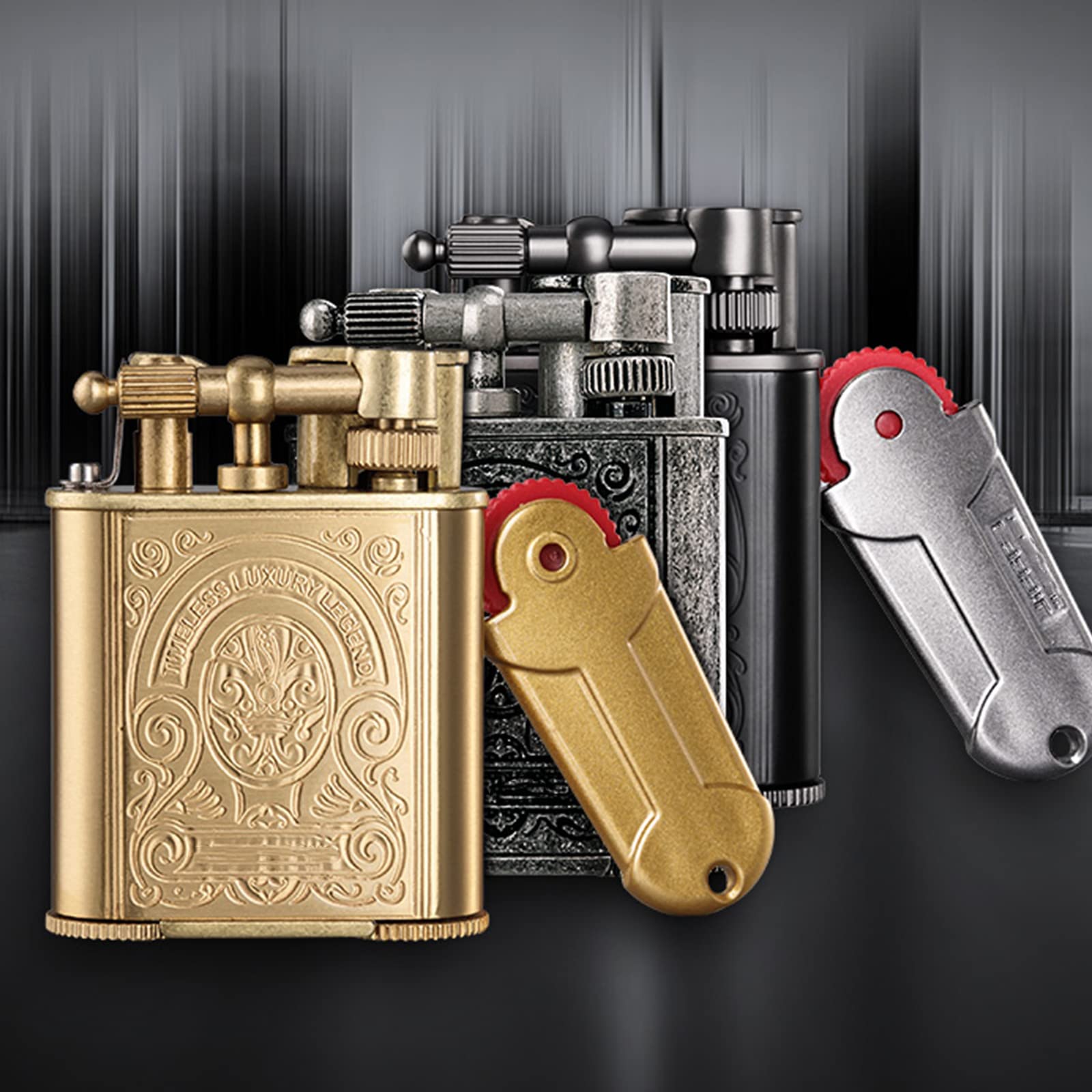 Blue Flame Torch Briquet Rechargeable Coupe Vent Jet Cigar Briquets Motif de Gravure Vintage Retro Bronze avec Flint Briquet Coffret Cadeau