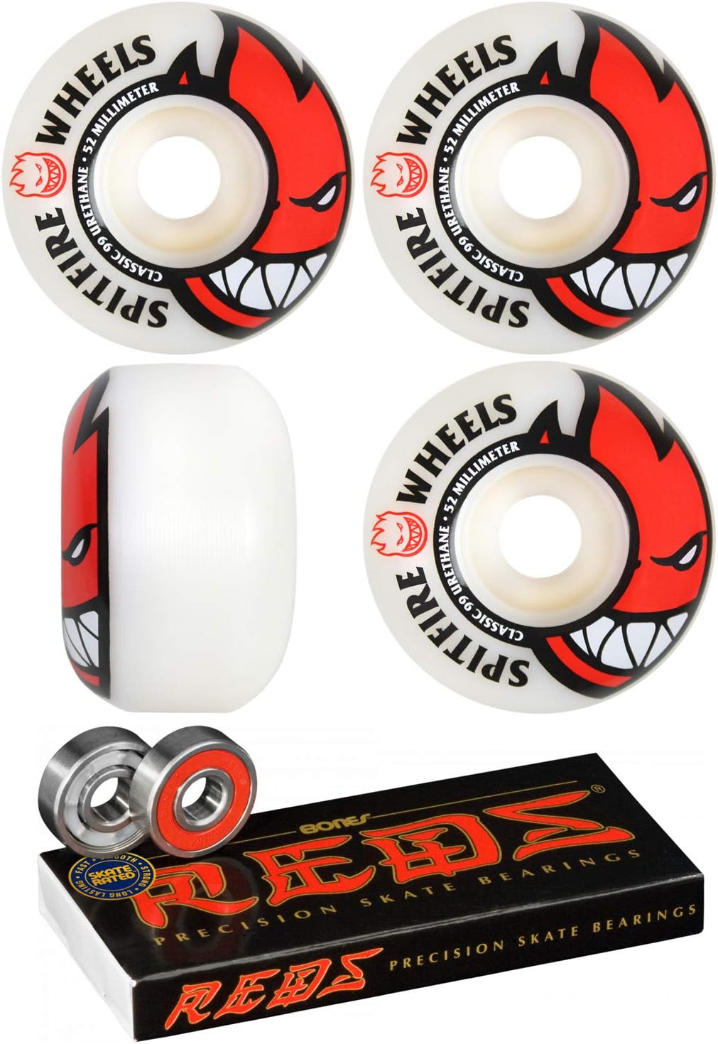 52mm Wheels Bighead White/Red Skateboard Wheels - 99a with Bones Bearings - 8mm Bones Reds Precision Skate Rated Skateboard Bearings (8) Pack - Bundle of 2 Items