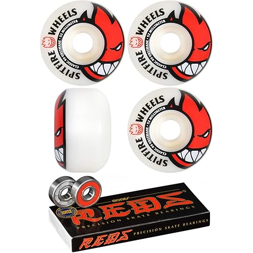 Spitfire 52mm Wheels Bighead White/Red Skateboard Wheels - 99a with Bones Bearings - 8mm Bones Reds Precision Skate Rated Skateboard Bearings (8) Pack - Bundle of 2 Items