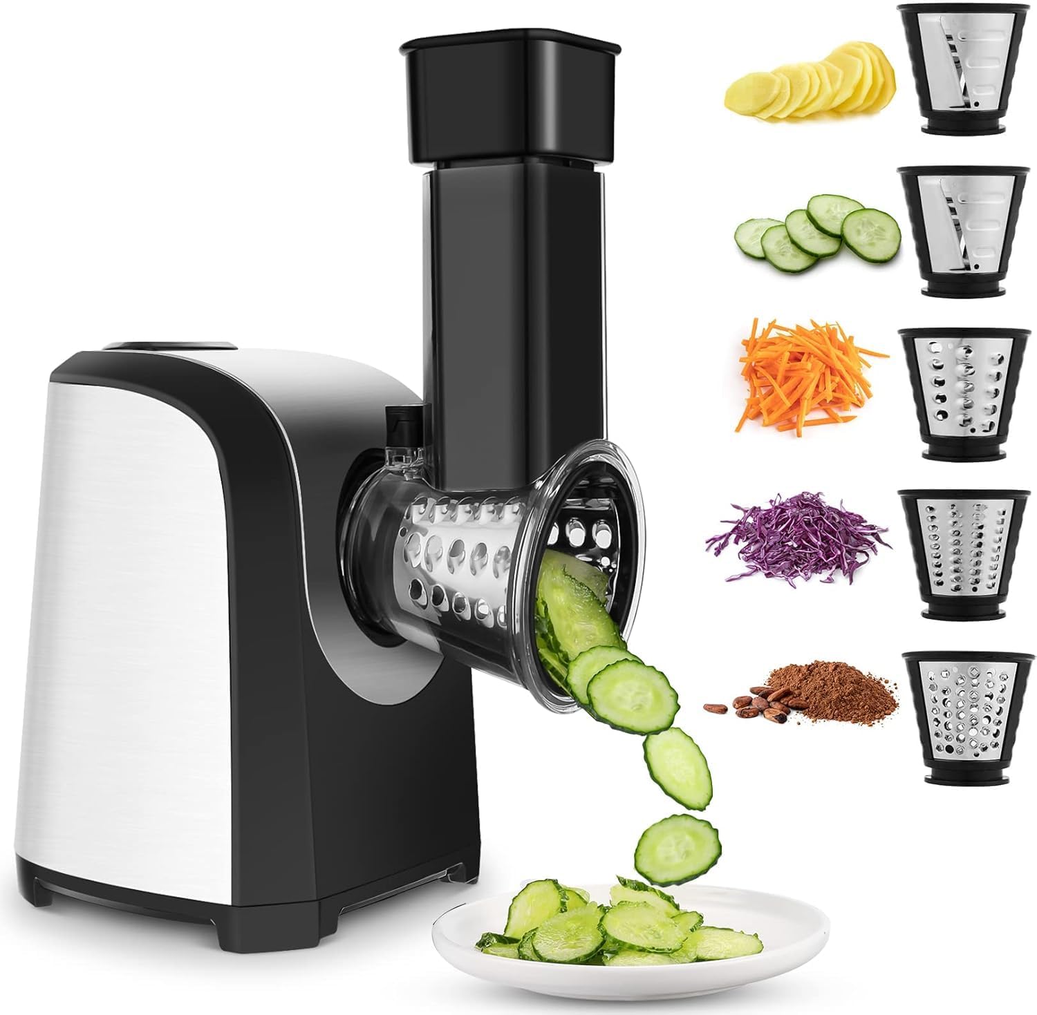 Gemüseschneider Elektrisch 150W - Profi 5-in-1 Gemüsehobel Multireibe mit 5 Schneidetrommeln für Küche, Obst, Gemüse, Käse