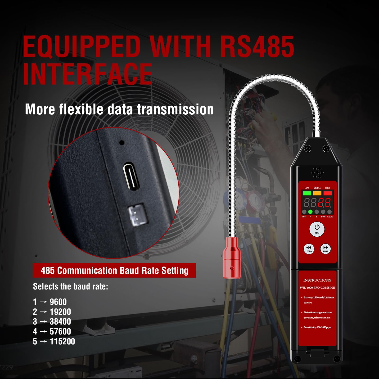 WJL-6000 PRO REFRIGERANT Detector de fugas de refrigerante, Detector de fugas de halógeno HVAC,Detector de Fugas de Gas,Comprobador de gas portátil con alarma de pantalla LED R32 R454B R134a R410a (1)