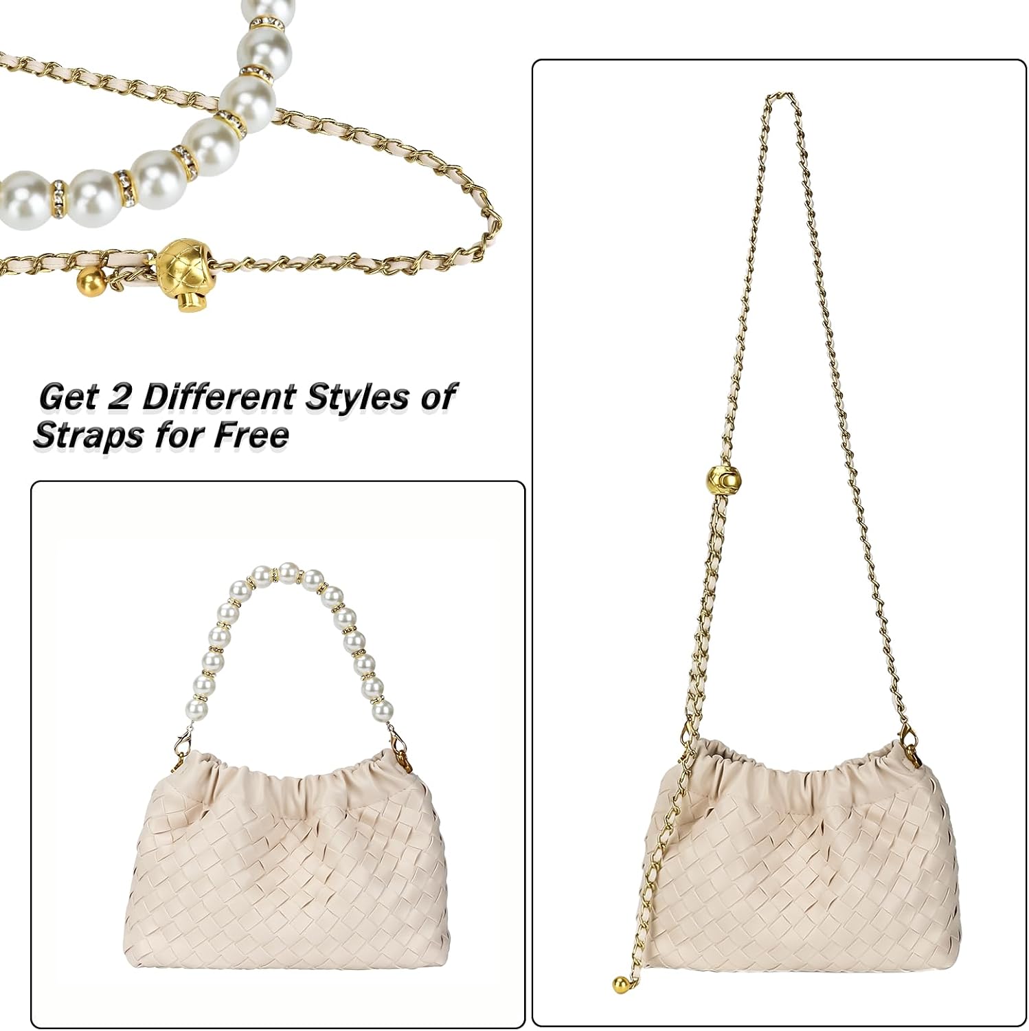 Womens PU Leather Woven Dumpling Purse with Pearl Chain, Crossbody Bag Evening Clutch for Wedding Party Prom