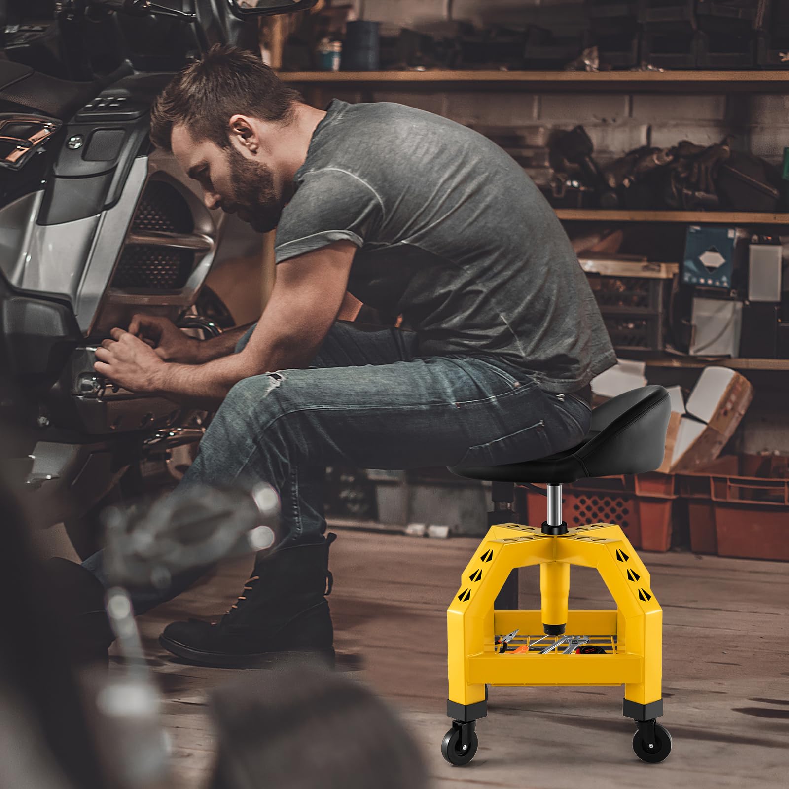 COSTWAY Taburete de Taller Rodante, Asiento de Mecánica Ajustable en Altura con Bandeja para Herramientas y 4 Ruedas Universales, Capacidad de 150 Kg, para Fábrica, Garaje y Taller (Amarillo)