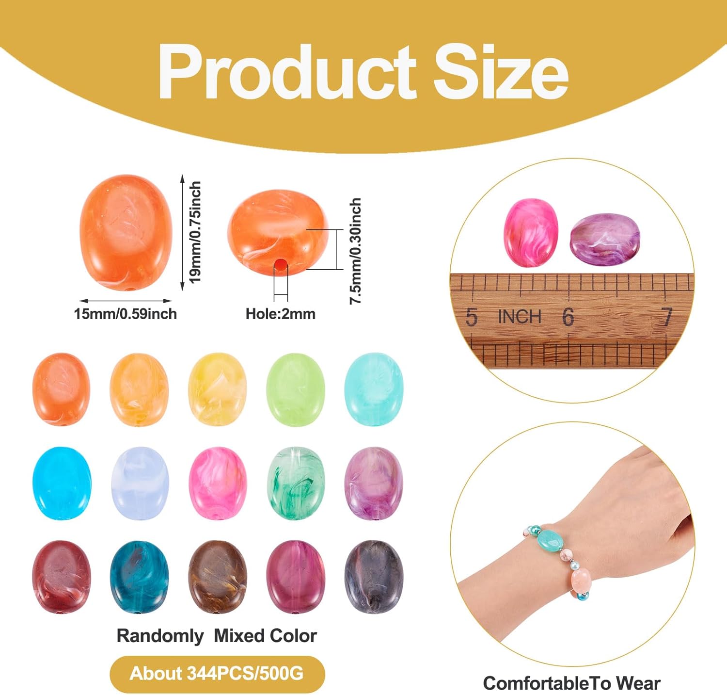 Craftdady Multi Colors Acrylic Oval Spacer Beads 15x19mm About 340Pcs Colorful Plastic Imitation Gemstone Plastic Loose Beads for Jewelry Making Hole: 2mm - Image 5