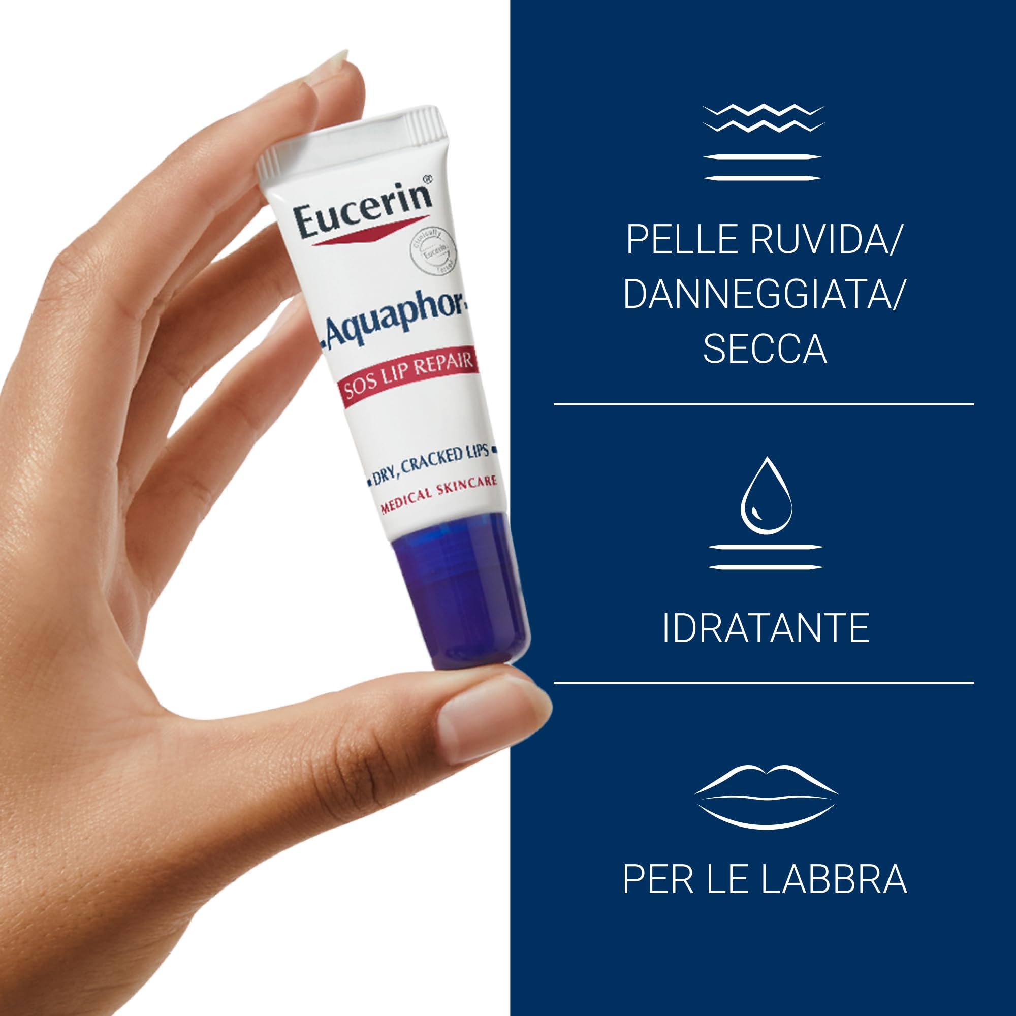 Eucerin Aquaphor SOS Riparatore Labbra 10 g, Balsamo labbra per cura e sollievo immediato in 60 secondi, Burrocacao per pelle secca, screpolata e danneggiata ad azione rapida