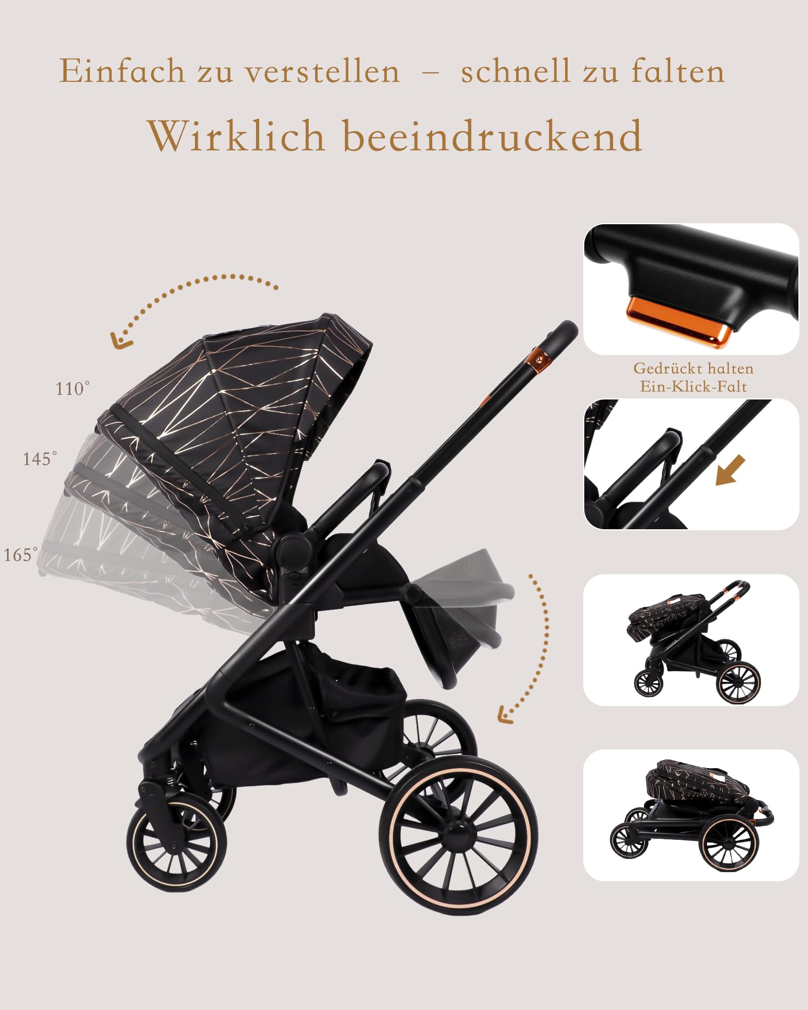 Wózek dziecięcy 2 w 1, 0-48 miesięcy, wózek spacerowy z dwoma odwracalnymi trybami przesuwania, rama ze stopu aluminium, pełne zawieszenie, 5-punktowy pas bezpieczeństwa, składany wózek