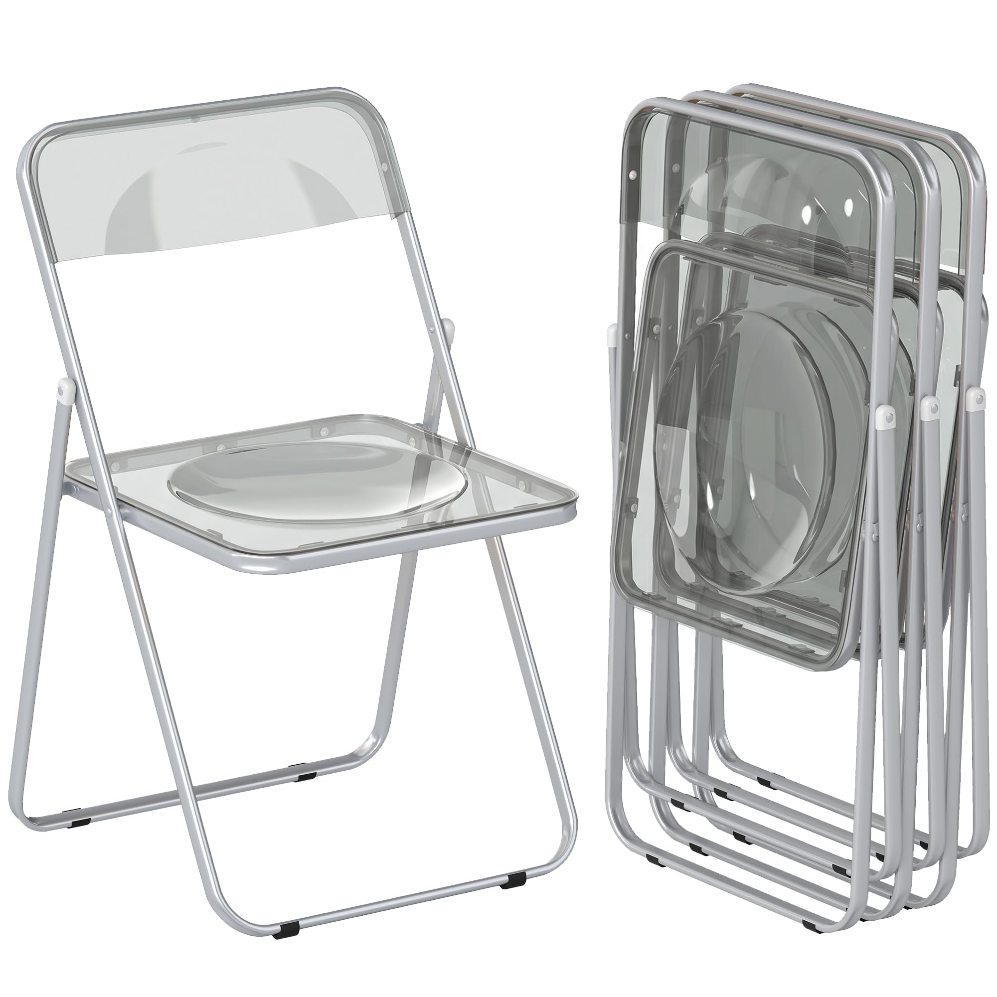 HOMCOM Lot de 4 chaises Pliantes en Acrylique 47x48x75 cm Gris | Pliables, gain de place intérieur, cadre en acier, portables, pour maison, bureau, cuisine, événements