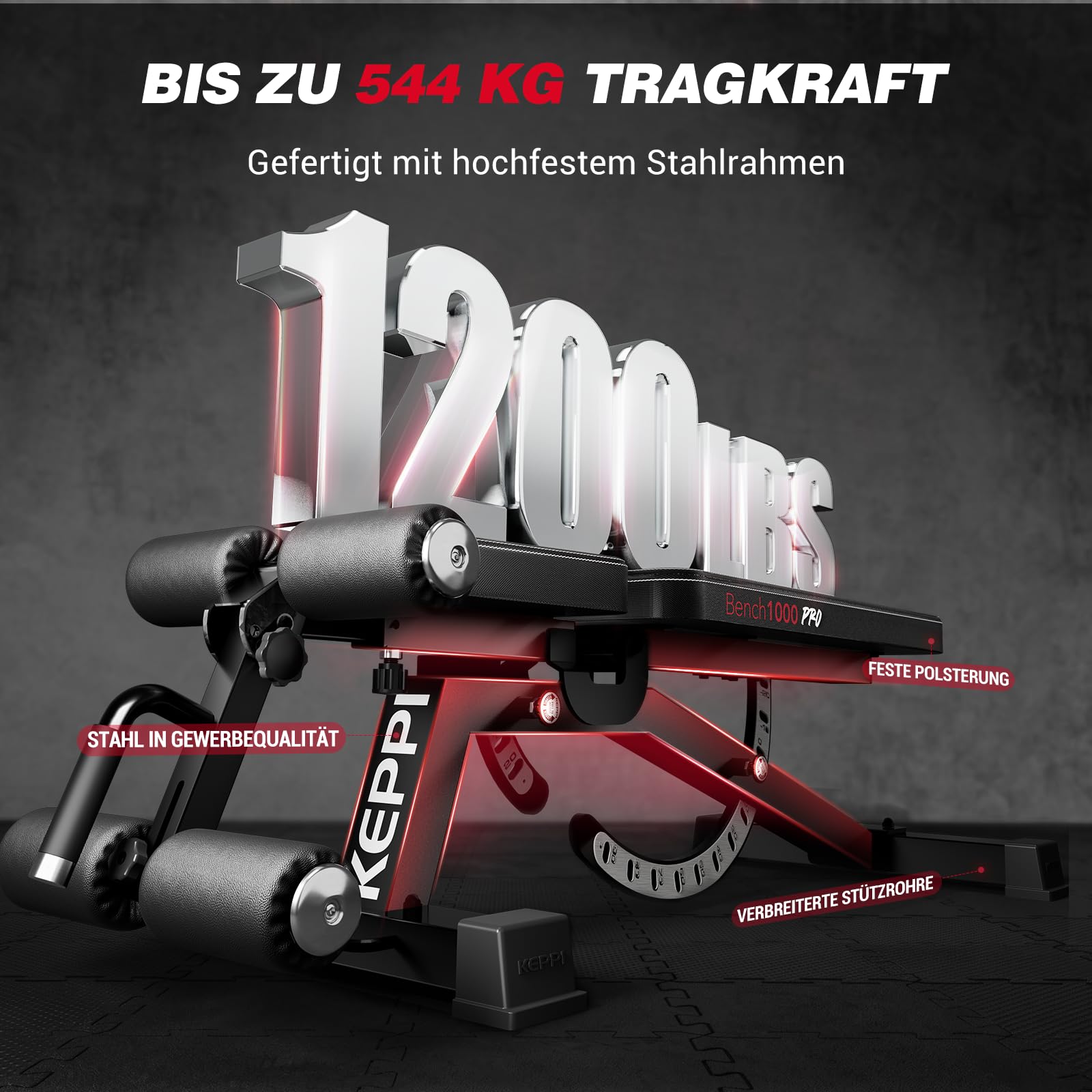 Keppi Hantelbank Verstellbar, mit 600 kg Kapazität, Schrägbank & Flachbank für Heim-Fitness, Multifunktionale Trainingsbank für Bankdrücken, Krafttraining und Ganzkörper Workouts - Bench1000 Pro