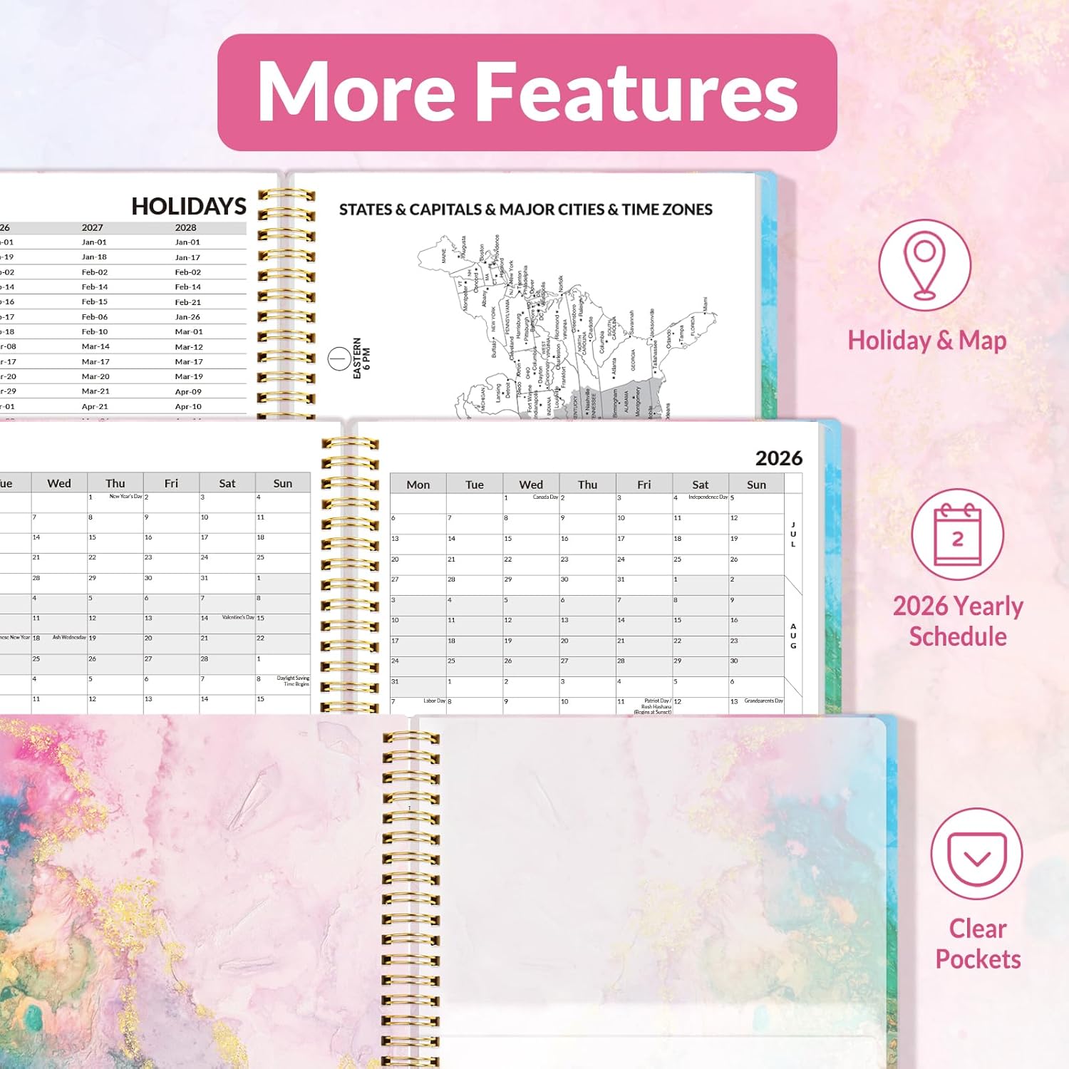 SUNEE 2026 Weekly and Monthly Planner - from January 2026 - December 2026, Daily Agenda Planner with Monthly Tab, Flexible Cover, Note Pages, Pockets, Bookmark, Spiral Binding, Pink Marble, 8.5"x11" - Image 6